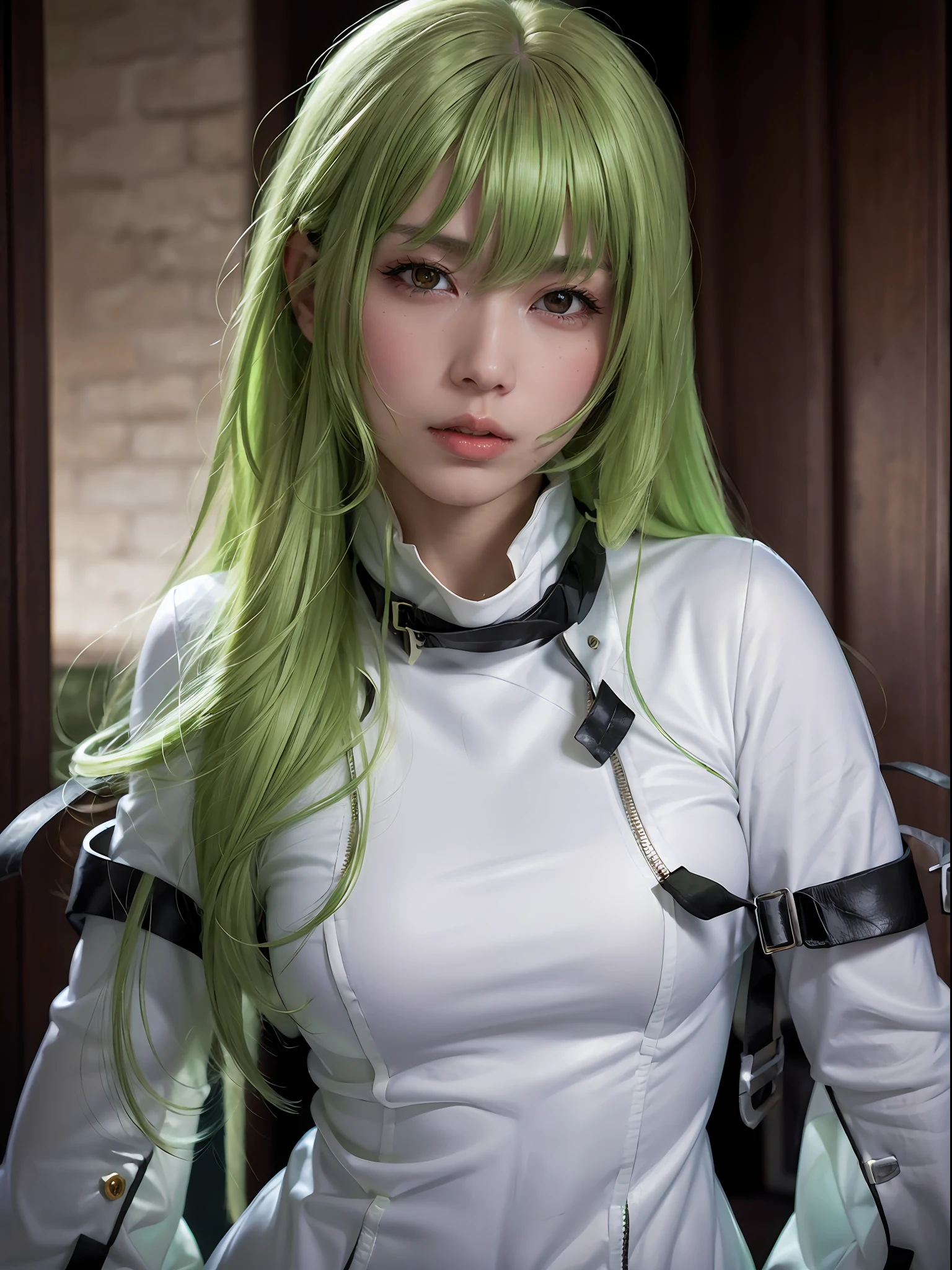 (masterpiece, best quality:1.4), (outside abandoned buildings covered by green plants background:1.2), (standing:1.2), (front shot), 1girl, solo, (european youth:1.5), (european:1.5), cosplay, realistic, green hair, long hair, straitjacket, (shining orange eyes:1.2), (ultra-detailed, best shadow, volumetric lighting), (beautiful detailed face, beautiful detailed eyes), very long hair, zipper, white straitjacket, beautiful face, highly detailed face, highly detailed skin, skin pores, subsurface scattering, medium breast, full face blush, full lips, detailed background, depth of field, volumetric lighting, sharp focus, absurdres, realistic proportions, good anatomy, (realistic, hyperrealistic:1.4), 16k hdr,