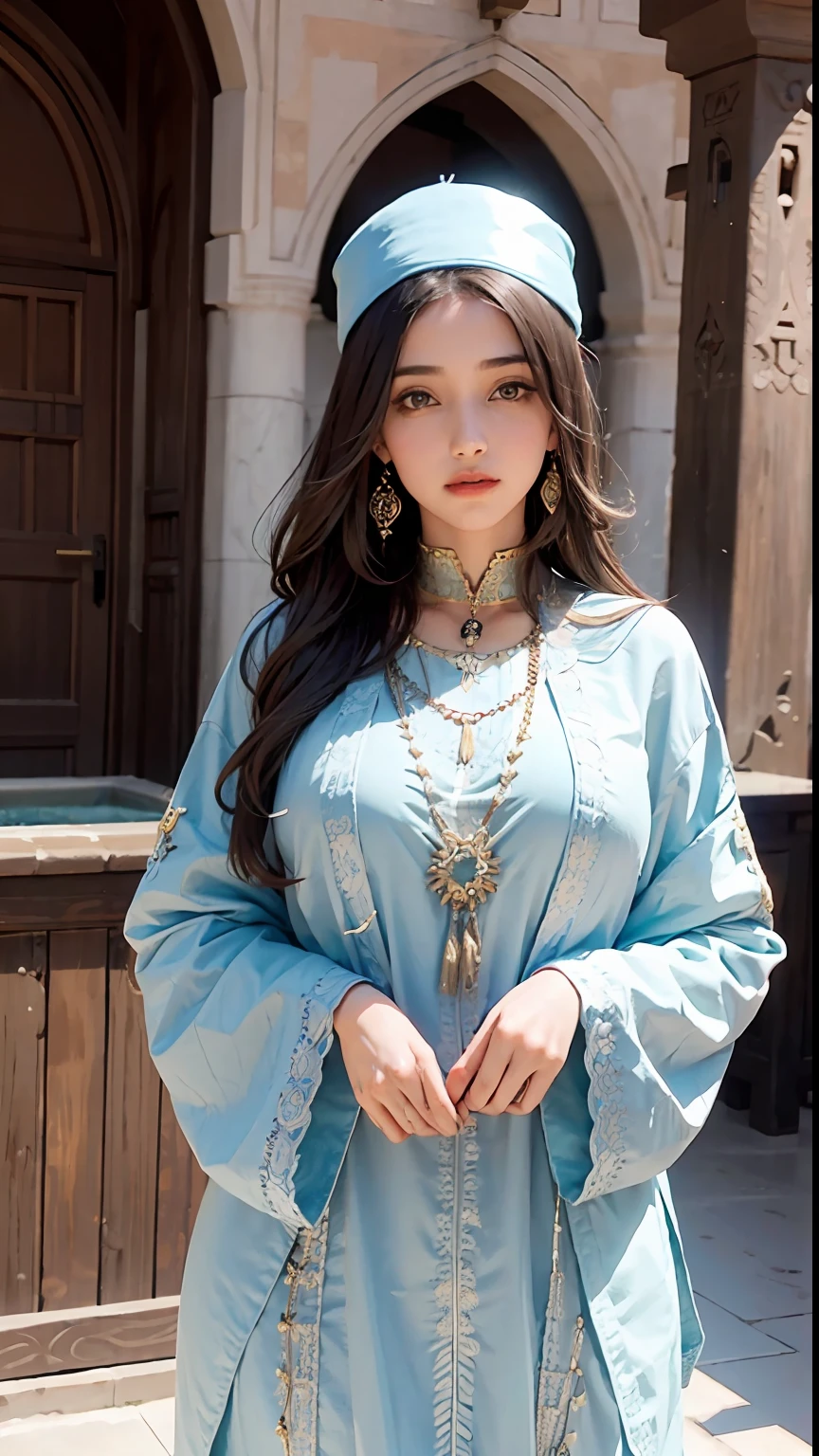 (1girl:1.3), Moroccan caftan full dress outfit moroccan city Art officiel, Unity 8k wallpaper, Ultra detailded, beautiful and aesthetic, beau, master piece, beste-Qualit, Fantastical Atmosphere, Palette apaisante, Humeur tranquille, Ombrage doux, Miko Priestess, sort de charme, talisman familier, devoirs de jeune fille du sanctuaire,