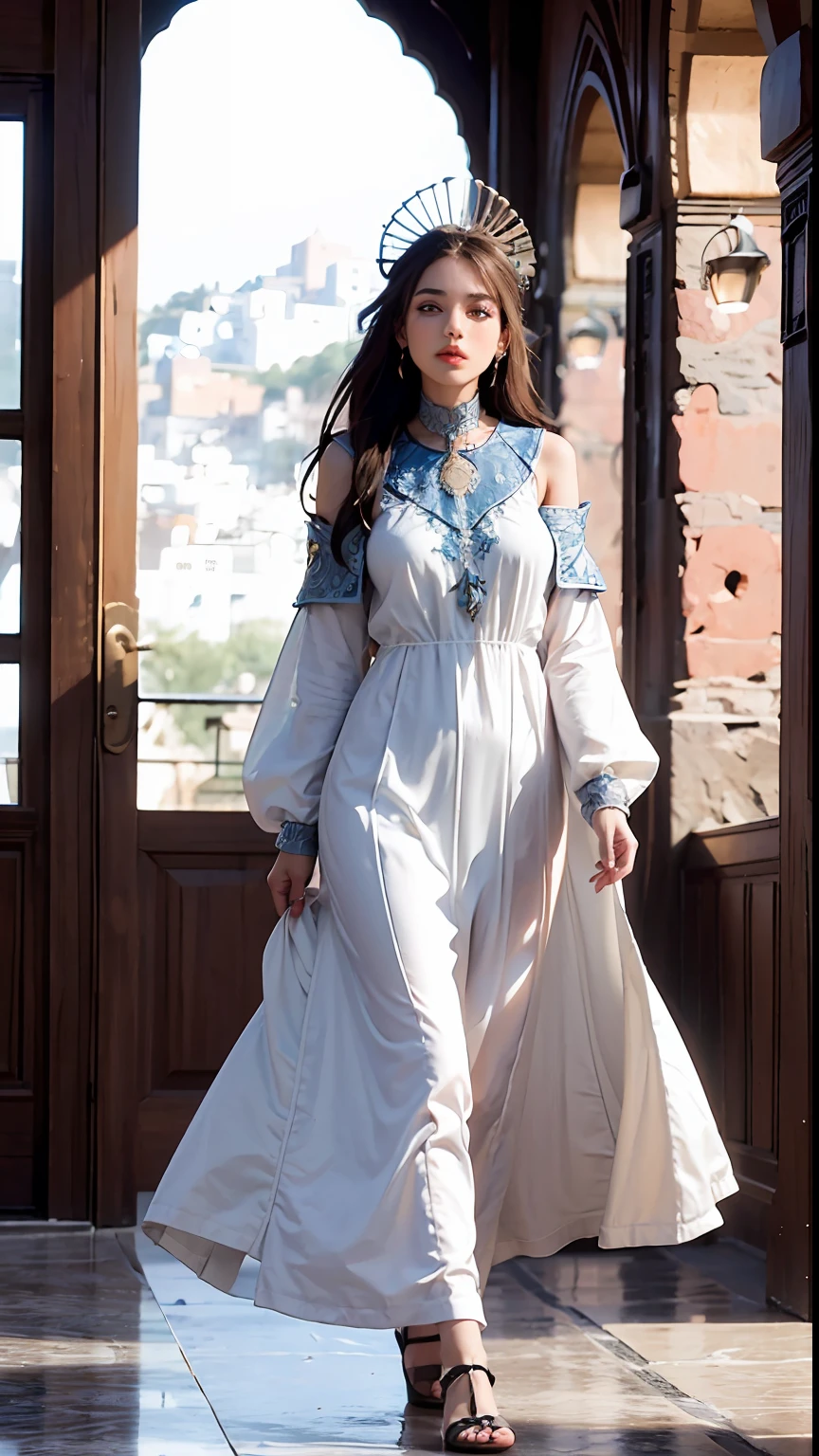 (1girl:1.3), Moroccan caftan full dress outfit moroccan city Art officiel, Unity 8k wallpaper, Ultra detailded, beautiful and aesthetic, beau, master piece, beste-Qualit, Fantastical Atmosphere, Palette apaisante, Humeur tranquille, Ombrage doux, Miko Priestess, sort de charme, talisman familier, devoirs de jeune fille du sanctuaire,