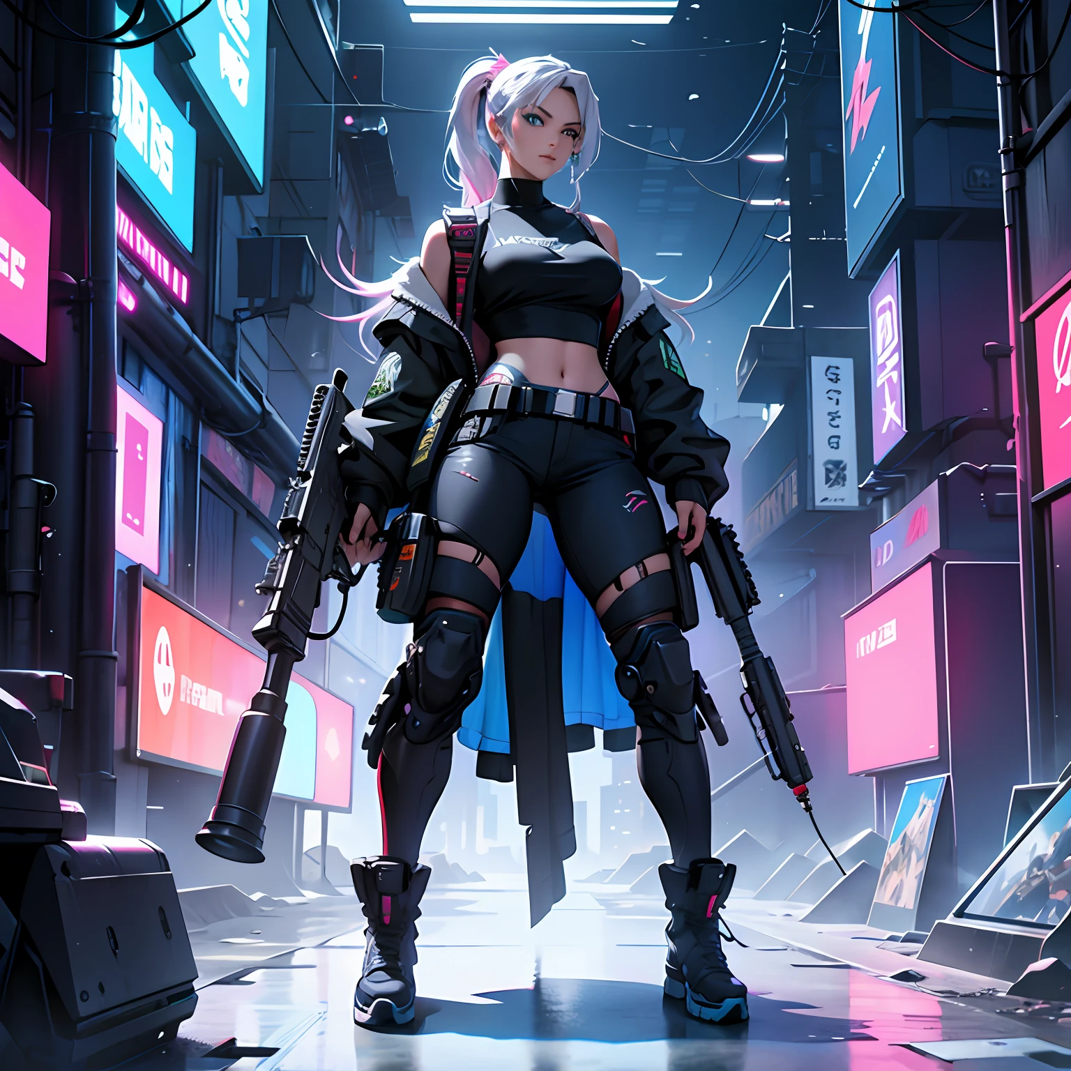 3D-Animation, Full body game animation、Pose shooting a large machine gun、a very beautiful woman, Cyberpunk, Hair is purple、Has two ponytails、smil、Casual punk clothes in bright colors、Large machine guns、Big Head Earphones、 Fashionable and casual clothing、pop-art、Only one woman、full body Esbian, Pose shooting a large machine gun、Half of her face is a cyborg,Hyper-Realism, high detailing, Octane Render, 8K, depth of fields, A man with a very beautiful face, Blue Rampage Flame, , Claudia Flohair D Figure, 3D Doll, Beautiful light green human eyes, Neopunk Beautiful Warriors,Realistic Woman, 85mm lens, F8 key, Photo, Super Detail, High image quality,Beautiful face, Engulfed in silver flames, 8K, An AI, Central Server, Deep view, Heavy Blue LED Light, , Award-winning Fatorg, Extremely detailed, art stations, 8 K, Sensual lighting cyberpunk, Pink neon、Silver tattoo,standing on the grass、,chee, Octane Rendering, , Full body vision, Cinematic lighting, , Center, looking in camera, At 8K, Perfect Lighting、