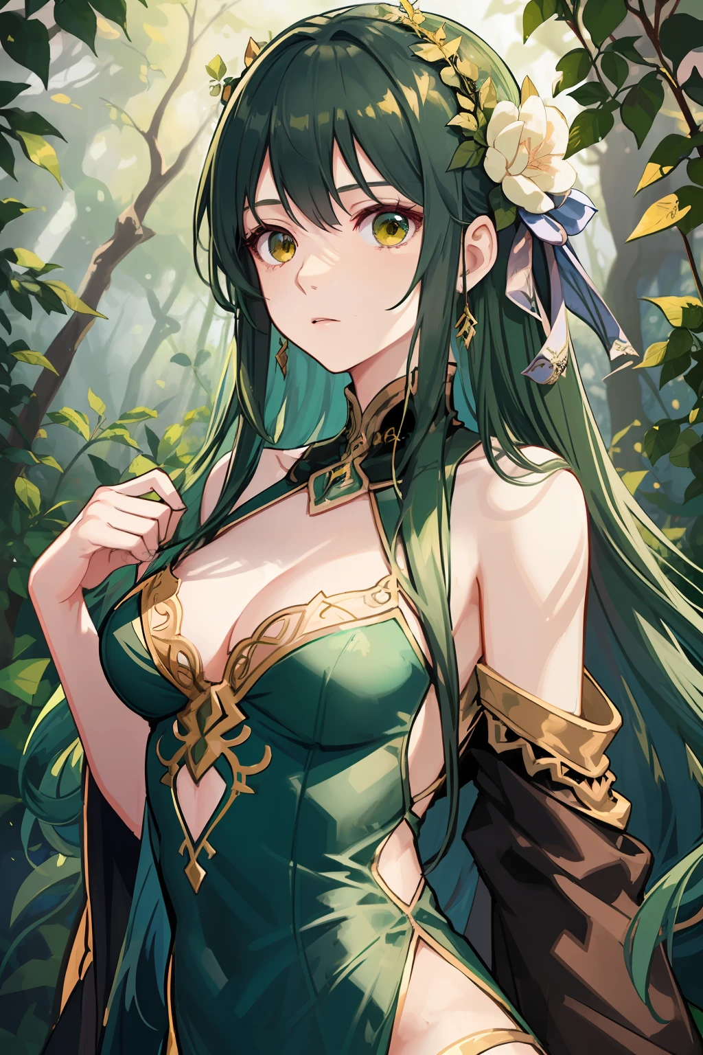 A woman of fragile build with long green hair and golden eyes. The girl is wearing a green silk off-the-shoulder dress. She stands in the forest in a clearing. The girl's body is wrapped around the vines. Vines near the girl. Serious expression on his face. beautiful detail eyes. Fields with flowers. Sun light. day light. beatiful face, handsome body.