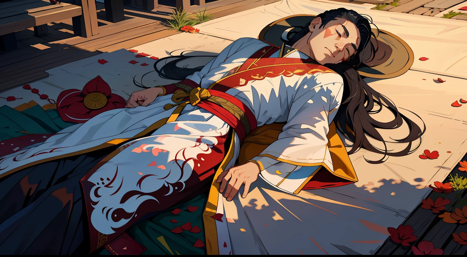 A man in traditional Han clothes lay dead on the ground,Keep your eyes closed,blood in face