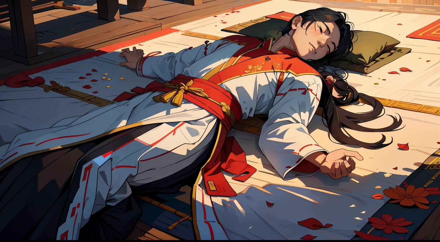 A man in traditional Han clothes lay dead on the ground，Keep your eyes closed，blood in face