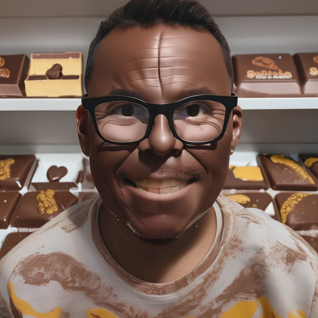 (Close portrait:1.5) of a 3-year-old boy with glasses, (rosto sujo de chocolate:1.5), vestidos com roupas jeans, loja de doces, detalhes intrincados, High definition