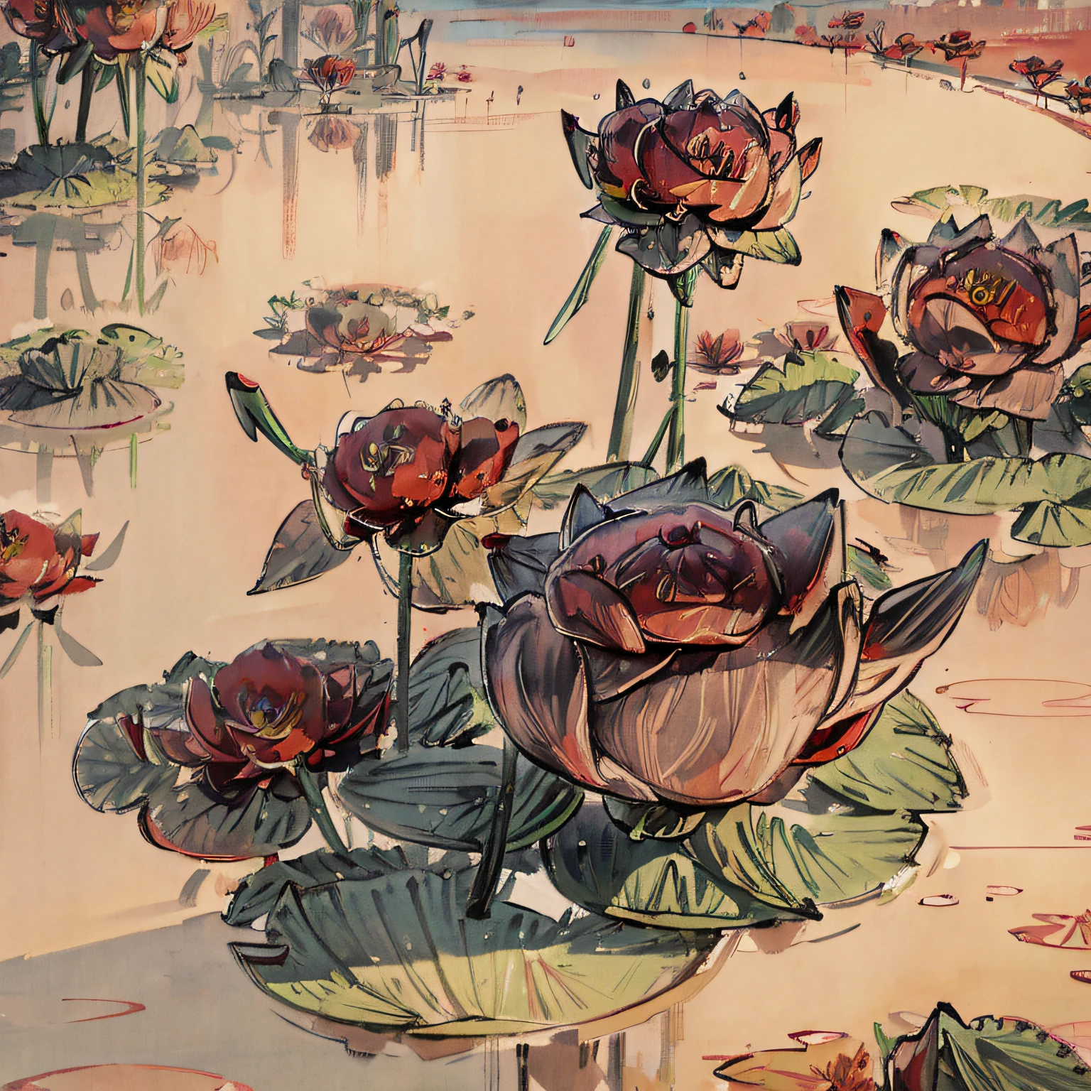 (masterpiece, best quality, beautiful art:1.4) of a (red lotus flower:1.6), bright red color, beautiful symmetry, very detailed, highly realistic, 8k, ultra intricate, trending on artstation, trending on pixiv