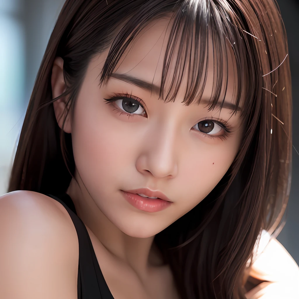 Close-up, (Photorealistic: 1.4), Highest quality, Real, Masterpiece, Ultra delicate beauty, CG, Ultra definition, High resolution, Ultra definition, Depth of field, 1 girl, tifa_lockhart, Beautiful girl detail, Upper body, Real, suspender_skirt, tank_top, taut_shirt, black_hair, long_hair, beautiful detailed red eyes, light on face, saika1