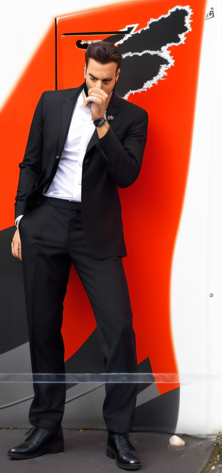 arafed mann in anzug und krawatte, der telefoniert, Tragen eines schwarzen Anzugs, He wears a black and red suit, Im Anzug, Full Body Portrait Shot, schwarz-roter Anzug, He wears a black suit, im schwarzen Anzug, Mann im schwarzen Anzug, im Smoking, im strengen Anzug, schwarzer und roter Smoking, Einen Smoking tragen