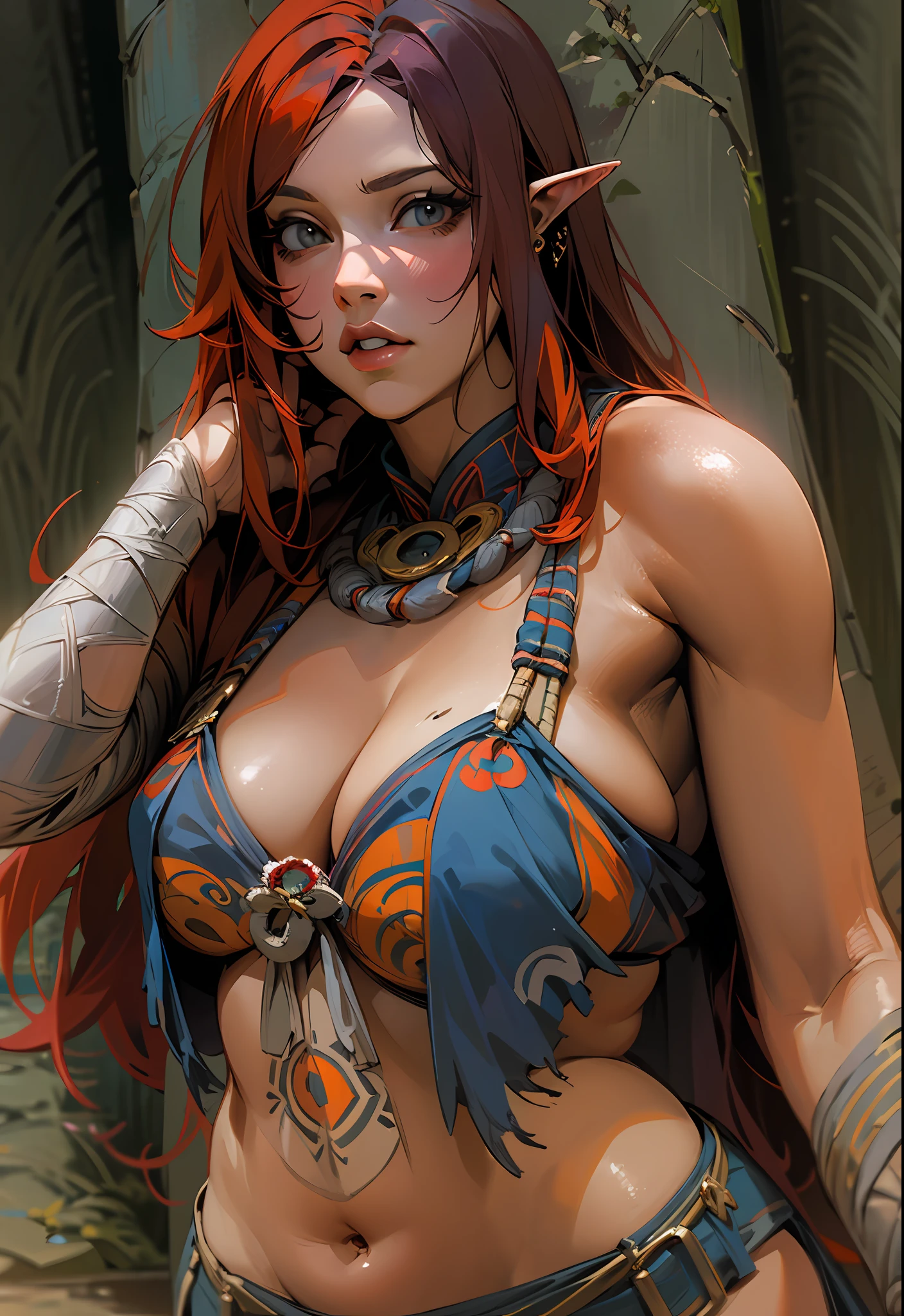 There's an elf (Arshes em Bastard) elfa de 30 anos (Peta Jensen), (Camgirl), (onlyfans) and the Ancestral Ruins, richly detailed Aztec ruins, lots of vegetation and vineyards, Aztec Ancient Ruins, cinematic natural light, organic dust particles in light, poeira no ar, Underneath view, Viewing angle below, olhar de baixo, olhando de baixo, close de baixo, MULHER SEXY, Novo, sem roupa, Do not wear clothes, alguns apetrechos e tribais pelo corpo nu, sensual, provocador, cabelos vermelhos, vermelho escuro, red hair, cabelo com linga sobre o peito, braid over chest, smaller braids on the head, Dark grey head |, olhar sexy, olhos verdes, Olhar Lascivo, desejo, marrom, sarda no rosto, realista, boca entreaberta, sensualidade ao extremo, Seios enormes (Oppai), massive breasts uncovered, seios grandes (Mamalhuda, massive breasts, peitos grandes) soltos descobertos (Adult video of Kate Dee 1 ), seios arredondados, mamilos duros, seios grandes (Kyra QUENTE) com pintas, sardas, Fundo, sardas no peito, piercing na barriga, barriga sexy, barriga levemente marcada, sexy :8, A partir de 8 K fosco, olhar sexy, detalhes tribais pelo corpo, corpo nu com tatoo tribal, asteca, molhado, transparente, pose atraente, a scarf tied at the waist, estourando os seios, bicos duros, mamilos endurecidos, enrijecidos, Excitado, lascivo, provocador, corpo sexy, quadril largo, coxa grossa, Pose sexy, corpo perfeito, uncovered private parts, Visible, aberta e exposta, pelos pubianos raspados, Depilado, exposta, realista, molhada, virilha marcada, perfect lighting, Bottom view, realista, filtro escuro, profundidade, corpo perfeito, anatomia perfeita, 4k