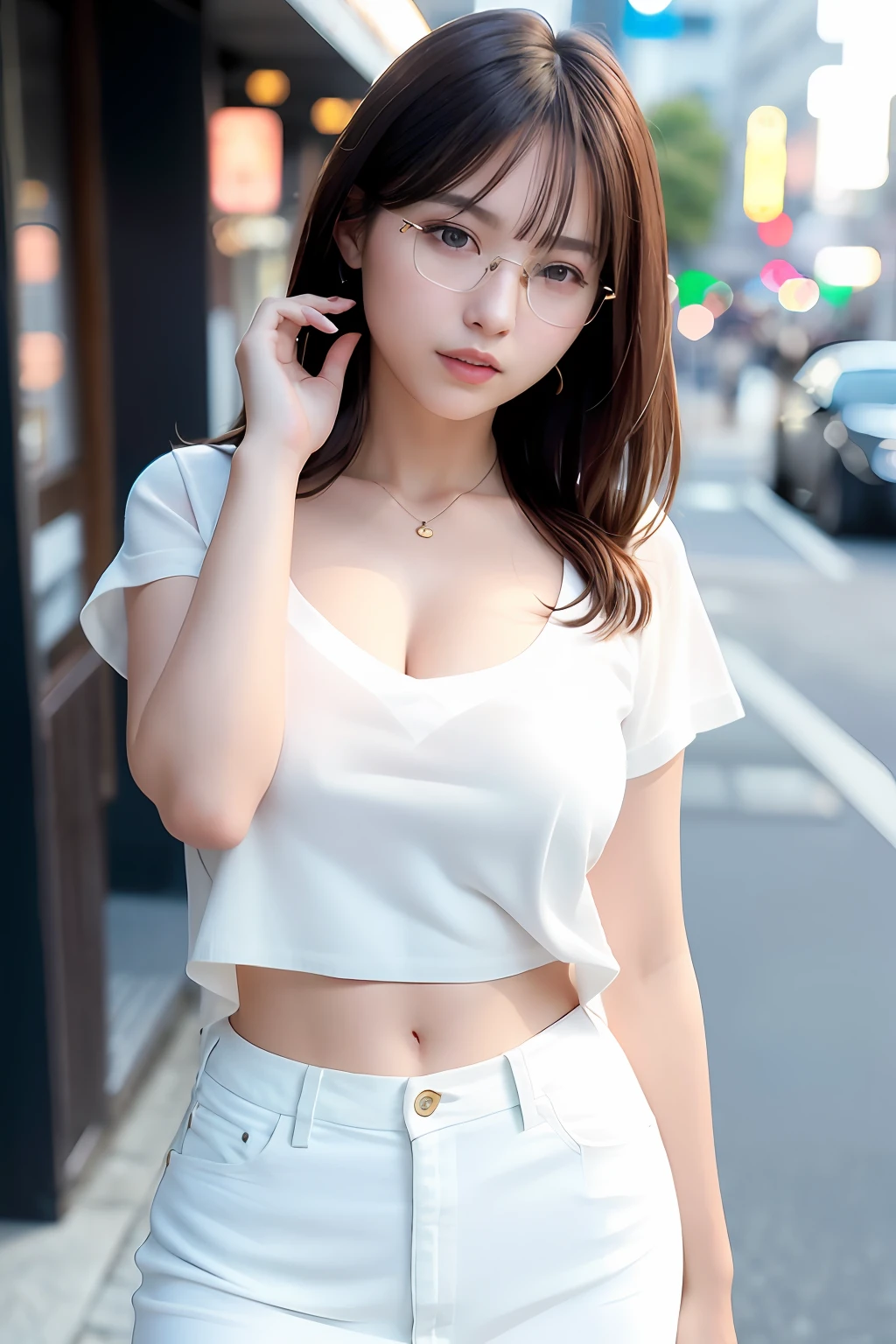 (Skin Scratch: 1.2), (Skin Dent), Black Eyes, 1 Female, 17 years old, (Female))), Solo, Realistic, Best Quality, Photorealistic, Masterpiece, 8K, High Resolution, Solo, Highly Detailed Face, (Professional Lighting, Bokeh, Backlighting), (Light Particles, Lens Flare, Luminous Particles: 0.6), (Dynamic Pose: 1.2), Soft Lighting, Angle View from Above Fashionable and trendy atmosphere, Japan, street, Tokyo, city, ((daytime)), sky, ((viewer: 1)), (looking at camera), (portrait: 0.6), cowboy shot, gorgeous, standing, keeping original facial proportions, broad shoulders, full body, (huge breasts), (medium hair), brown hair, floating hair, glasses, lips, lipstick, fake face, Floating hair, (white blouse), (white jumper skirt), camisole, skindentation, (((slim skinny body)), emphasizing cleavage, Japan school uniform, eyelashes, moles, (moles under the eyes: 1) ), with glasses, naughty face, cute, laughing, happy, (Kpop idol), (aegyo sal:1), long black hair, bangs, ((puffy eyes)), look at the viewer