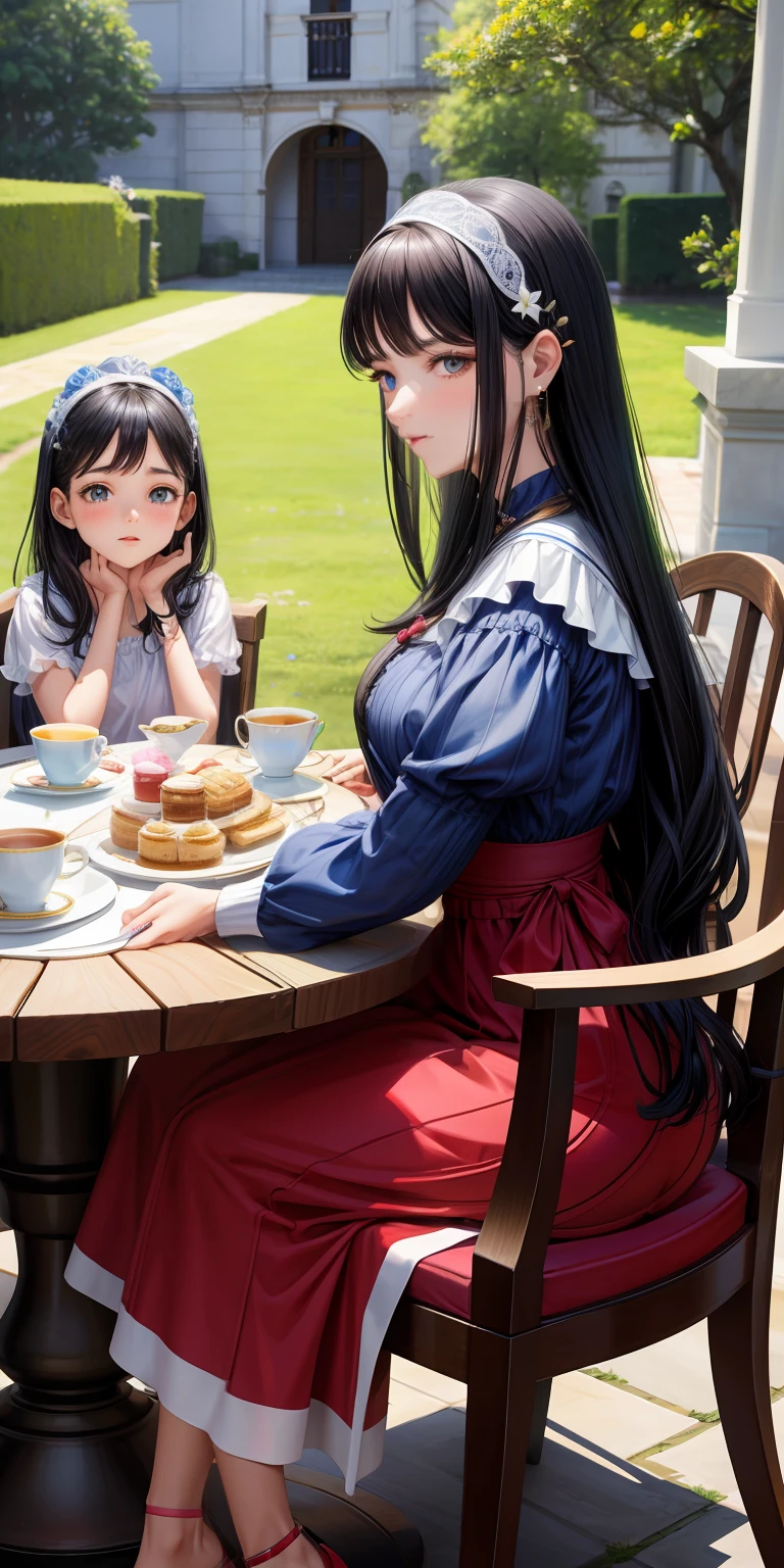 realista, Mother with daughter, fami, Afternoon tea, Mother with black hair, Olhos vermelhos, filha ruiva, cabelo vermelho, Sitting at the table, Tea, biscoitos, vestidos formais, Ternos finos, porcelna, flores decorativas, ensolarado, varanda, Tomado, castelo, jardim