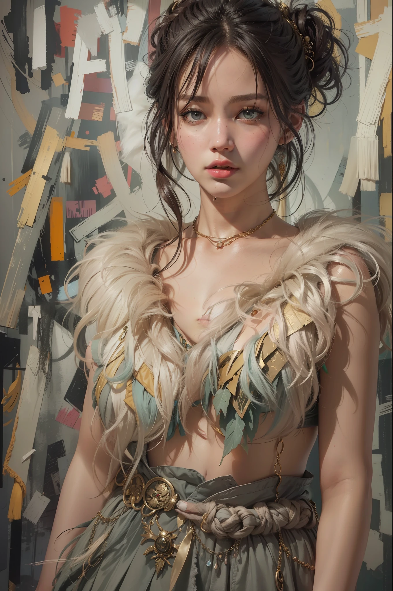 1girl, waist up, art by Ian Davenport,art by Cecily Brown,  concept art, Portait of a Moody [shu qi:Jennifer Lawrence:5], wearing Eclectic Fur Fringe top, Ruff, Anklet, Makeup, Cosy, loop lighting, 80mm, official art, unity 8k wallpaper, ultra detailed, aesthetic, masterpiece, best quality, photorealistic