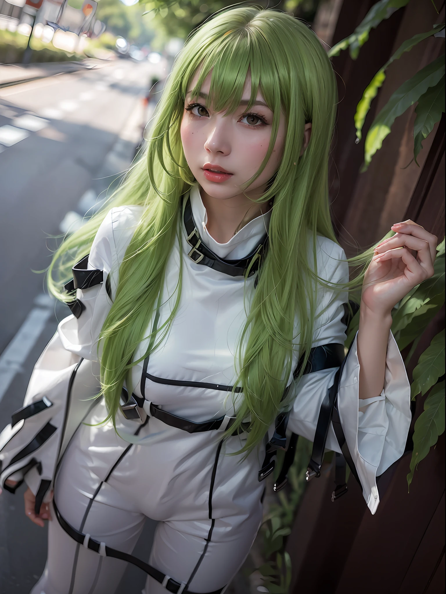 (masterpiece, best quality:1.4), (outside abandoned street, green plants background:1.2), (standing:1.2), (full body), (front shot), 1girl, solo, (european youth:1.5), (european:1.5), cosplay, realistic, green hair, long hair, straitjacket, (shining orange eyes:1.2), (ultra-detailed, best shadow, volumetric lighting), (beautiful detailed face, beautiful detailed eyes), very long hair, zipper, white straitjacket, beautiful face, highly detailed face, highly detailed skin, skin pores, subsurface scattering, medium breast, full face blush, full lips, detailed background, depth of field, volumetric lighting, sharp focus, absurdres, realistic proportions, good anatomy, (realistic, hyperrealistic:1.4), 16k hdr,