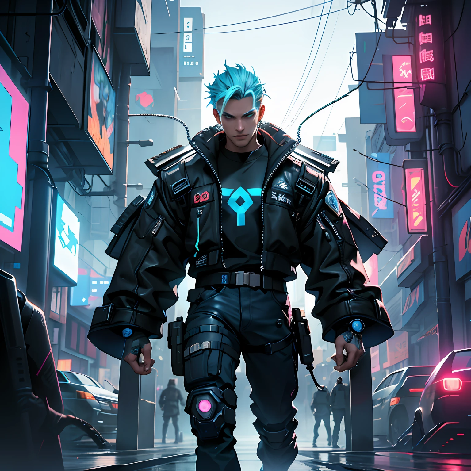 beautiful male, Cyberpunk, An AI, Central Server, Deep view, Heavy Blue LED Light, Connected wires, Award-winning Fatorg, Cyberpunk, Extremely detailed, art stations, 8 K, Sensual lighting, Incredible art, wlop, ArtGerm,Hyper-Realism, high detailing, Octane Render, 8K, depth of fields, A man with a very beautiful face, Blue Rampage Flame, Angelic Boy, Claudia Flohair D Figure, 3D Doll, Very beautiful man,, Beautiful light green human eyes, Cyberpunk Beautiful Warriors,Realistic Men, 85mm lens, F8 key, Photo, Super Detail, Natural light, Windy, High image quality,Beautiful face, Engulfed in silver flames, 8K, Cyberpunk, Pink neon, Big man with full body, full body Esbian3D-Animation, Full body animation, Pose shooting a large machine gun、Large body、Half of his face is a cyborg、fight、Silver tattoo,standing on the grass、Big cyberpunk clothes、Big Head Earphones、,Fashionable men、Blue Pupils, Wearing fashionable clothes、pop-art、Only one man,chee, Octane Rendering, , Full body vision, Cinematic lighting, , Center, looking in camera, At 8K, Perfect Lighting、Very beautiful face、