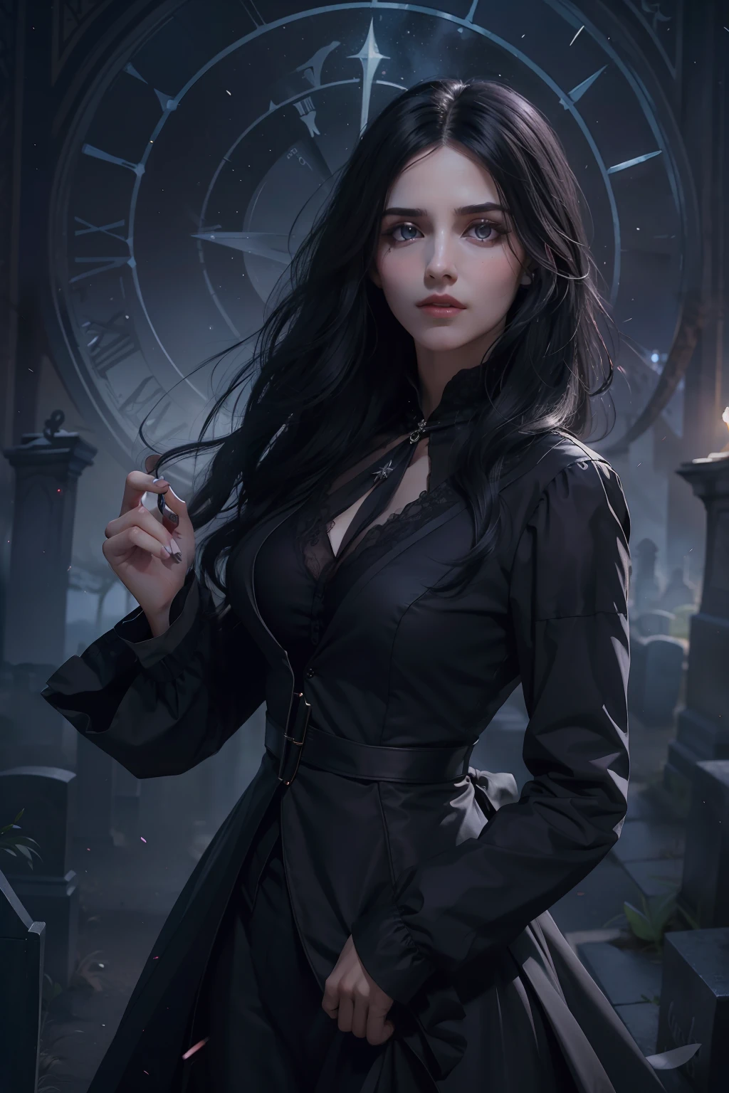 Beautiful woman reminiscent of Yennefer from The Witcher with long black hair and violet eyes bright as constellations, obra prima, ultra qualidade, 8k, cabelos caindo sobre seus ombros, in the background a cemetery, She's wearing a black suit and tie...