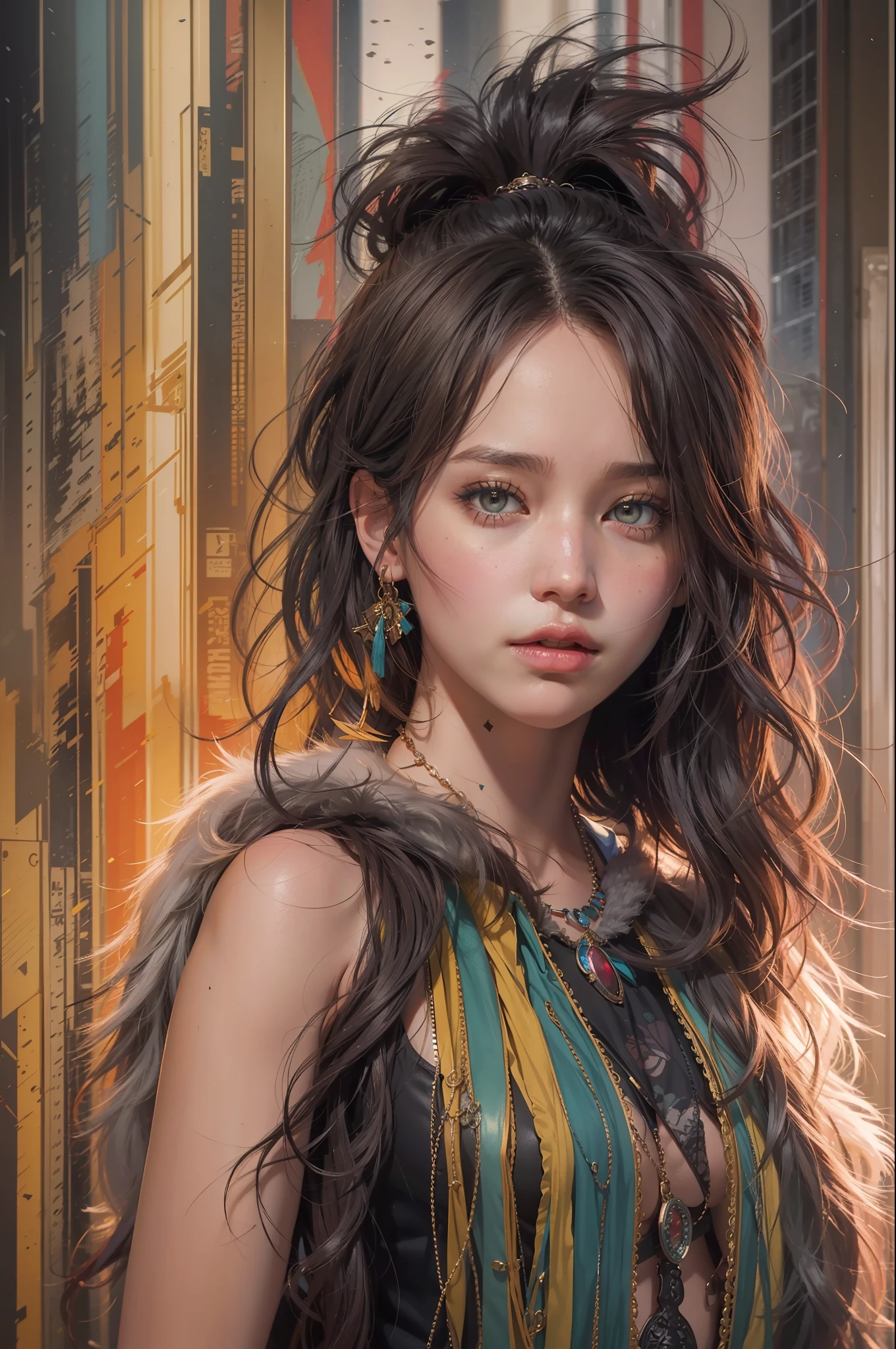 1girl, waist up, art by Ian Davenport,art by Cecily Brown,  concept art, Portait of a Moody [shu qi:Jennifer Lawrence:5], wearing Eclectic Fur Fringe top, Ruff, Anklet, Makeup, Cosy, loop lighting, 80mm, official art, unity 8k wallpaper, ultra detailed, aesthetic, masterpiece, best quality, photorealistic