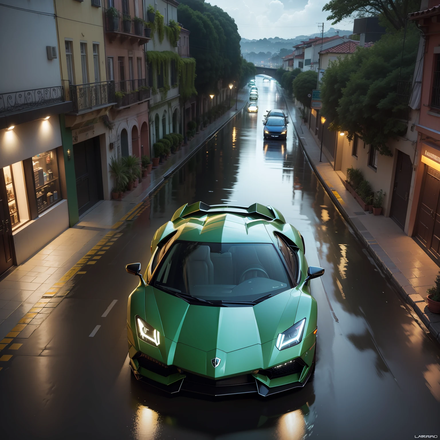 Lamborguini, Verde, Aventador, Chuva, Estrada deserta, noite iluminada, lifestyle, Side view, canal de cortes, ultrarealismo, dinheiro, dolar, lua cheia