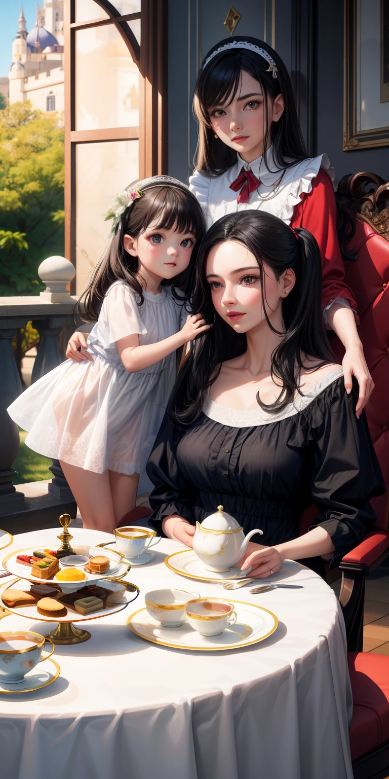 realista, Mother with daughter, fami, Afternoon tea, Mother with black hair, Olhos vermelhos, filha ruiva,  cabelo vermelho, Sitting at the table, Tea, biscoitos, vestidos formais, Ternos finos, porcelna, flores decorativas, ensolarado, varanda, Tomado, castelo, jardim
