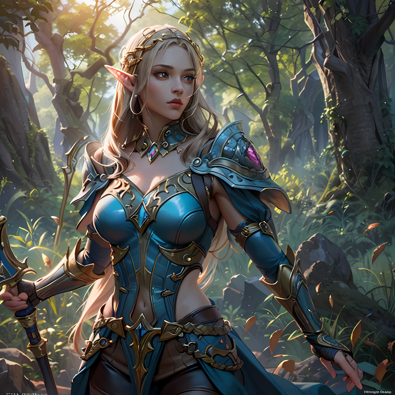 high details, best quality, 8k, [ultra detailed], masterpiece, best quality, (extremely detailed), dynamic angle, ultra wide shot, RAW, photorealistic, fantasy art, dnd art, rpg art, realistic art, a wide angle picture of an epic female elf arcane warrior, warrior of magic, fighter of the arcana, full body, [[anatomically correct]] full body (1.5 intricate details, Masterpiece, best quality) casting a spell, casting an epic spell, magical sigils in the air, arcane markings (1.6 intricate details, Masterpiece, best quality) armed with an [epic magical sword] (1.5 intricate details, Masterpiece, best quality) epic magical sword, glowing in blue light. in fantasy forest (1.5 intricate details, Masterpiece, best quality), a female beautiful epic elf wearing leather armor (1.4 intricate details, Masterpiece, best quality), high heeled leather boots, thick hair, long hair, dynamic hair, fair skin intense eyes, forest background (intense details), sun light, backlight, depth of field (1.4 intricate details, Masterpiece, best quality), dynamic angle, (1.4 intricate details, Masterpiece, best quality) 3D rendering, high details, best quality, highres, ultra wide angle