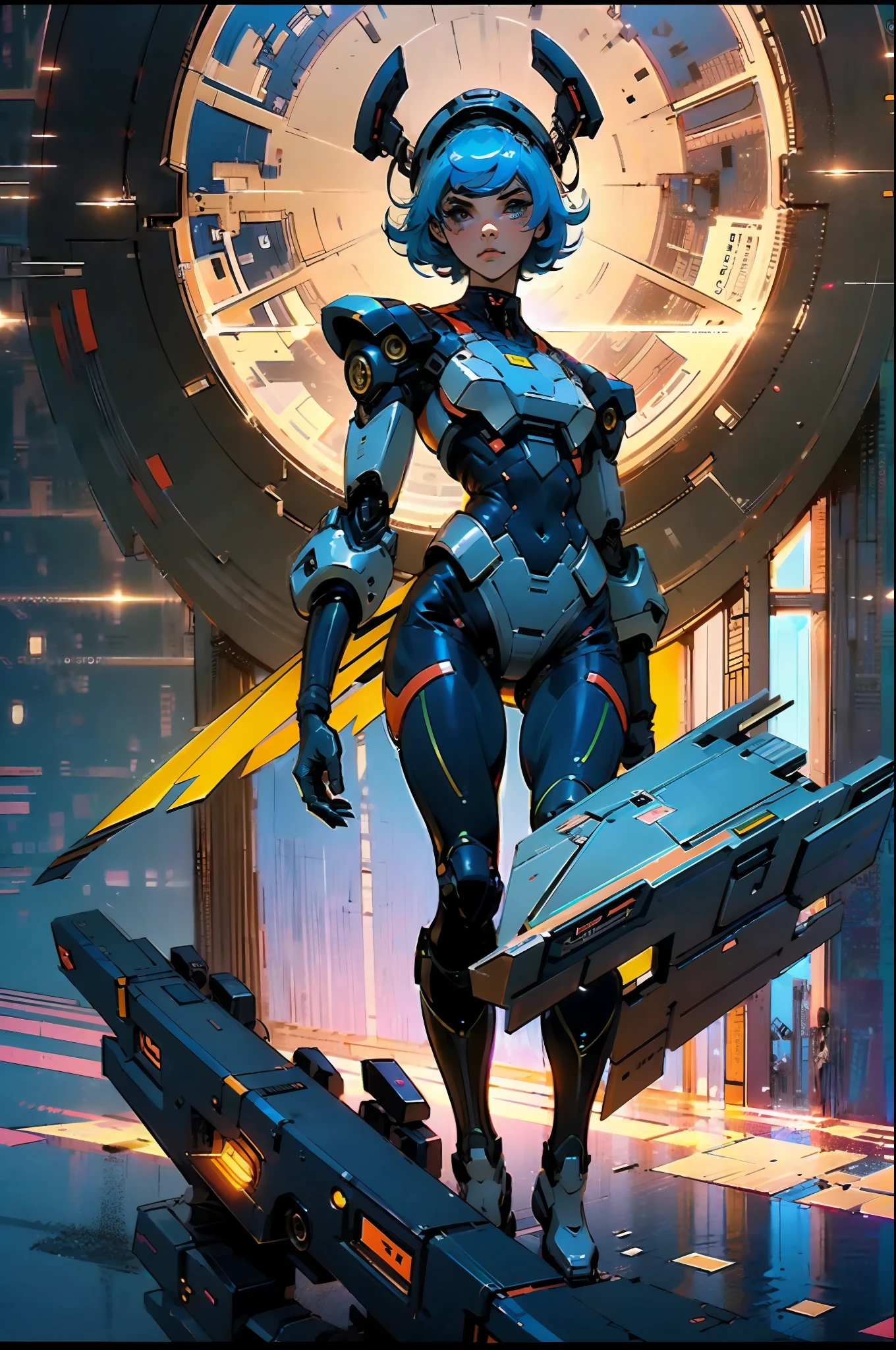 A short-haired beautiful woman dressed in a sci-fi style military uniform, wearing a metal headpiece, with a cold and expressionless gaze, The design is primarily white, with blue and yellow as accent colors, This is a future sci-fi military officer design in the style of Japanese anime, with detailed character design and a mature artistic style, ((character concept art)), full body character drawing, high definition, best quality, ultra-detailed, extremely delicate, anatomically correct, symmetrical face, extremely detailed eyes and face, high quality eyes, creativity, RAW photo, UHD, 8k, (Natural light, professional lighting:1.2, cinematic lighting:1.5), (masterpiece:1.5)