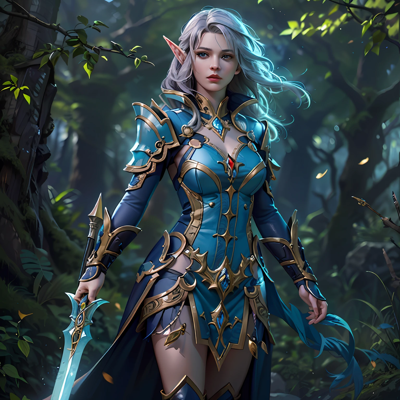 high details, best quality, 8k, [ultra detailed], masterpiece, best quality, (extremely detailed), dynamic angle, ultra wide shot, RAW, photorealistic, fantasy art, dnd art, rpg art, realistic art, a wide angle picture of an epic female elf arcane warrior, warrior of magic, fighter of the arcana, full body, [[anatomically correct]] full body (1.5 intricate details, Masterpiece, best quality) casting a spell, casting an epic spell, magical sigils in the air, arcane markings (1.6 intricate details, Masterpiece, best quality) armed with an [epic magical sword] (1.5 intricate details, Masterpiece, best quality) epic magical sword, glowing in blue light. in fantasy forest (1.5 intricate details, Masterpiece, best quality), a female beautiful epic elf wearing leather armor (1.4 intricate details, Masterpiece, best quality), high heeled leather boots, thick hair, long hair, dynamic hair, fair skin intense eyes, forest background (intense details), sun light, backlight, depth of field (1.4 intricate details, Masterpiece, best quality), dynamic angle, (1.4 intricate details, Masterpiece, best quality) 3D rendering, high details, best quality, highres, ultra wide angle