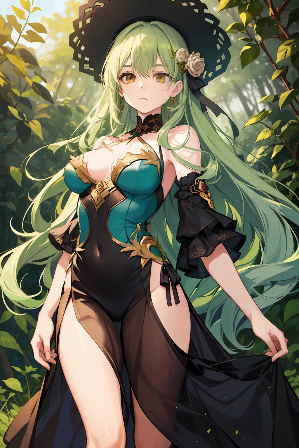 A woman of fragile build with long green hair and golden eyes. The girl is wearing a green silk off-the-shoulder dress. She stands in the forest in a clearing. The girl's body is wrapped around the vines. Vines near the girl. Serious expression on his face. beautiful detail eyes. Fields with flowers. Sun light. day light. beatiful face, handsome body.