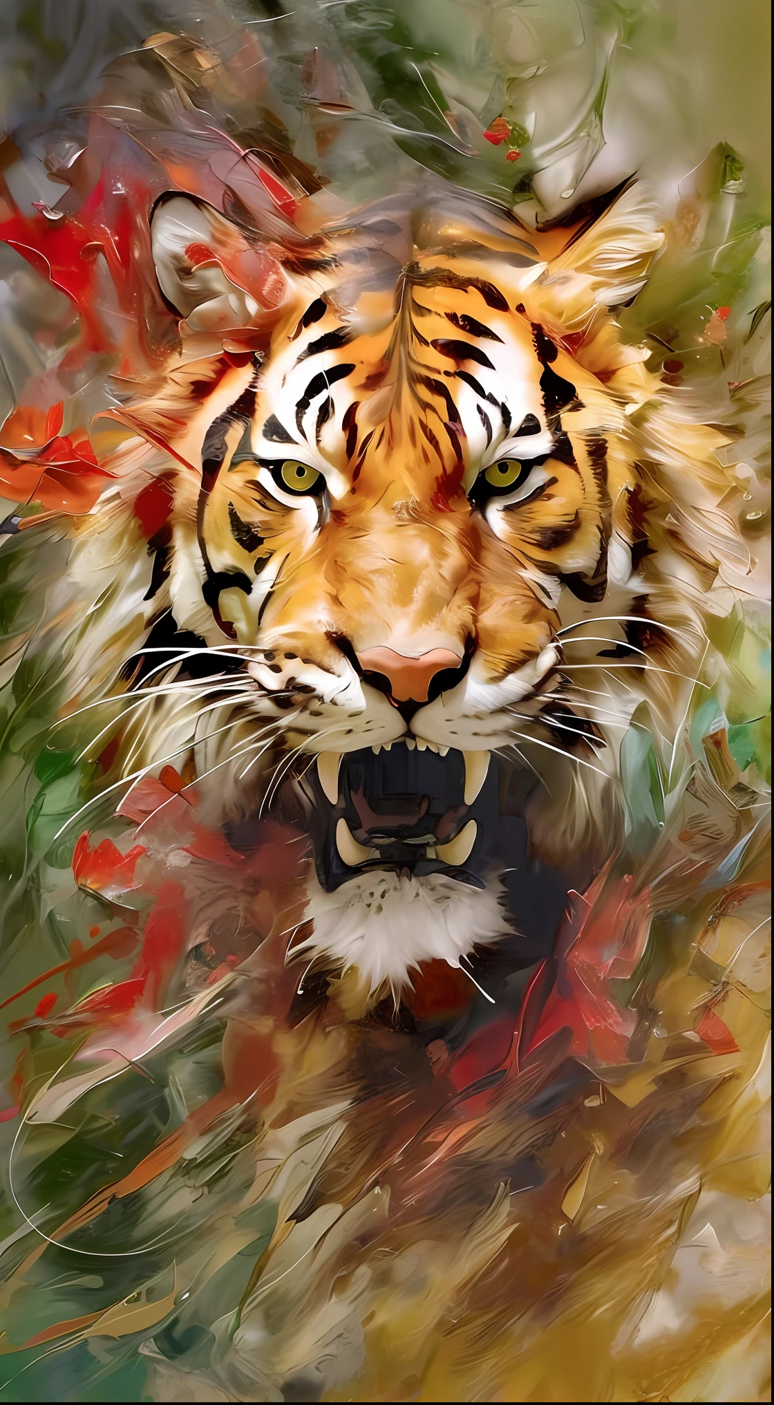 pintura de um tigre com um sorriso muito grande em seu rosto, ((tigre)), Nair Archan, intricate and intense oil paint, fierce expression, Directed by: Derek Zabrocki, arte digital animal foto, forte e feroz, tigre, cara de tigre, tigre_animal, pintura animal, digital art oil painting, Directed by: Mirko Rački