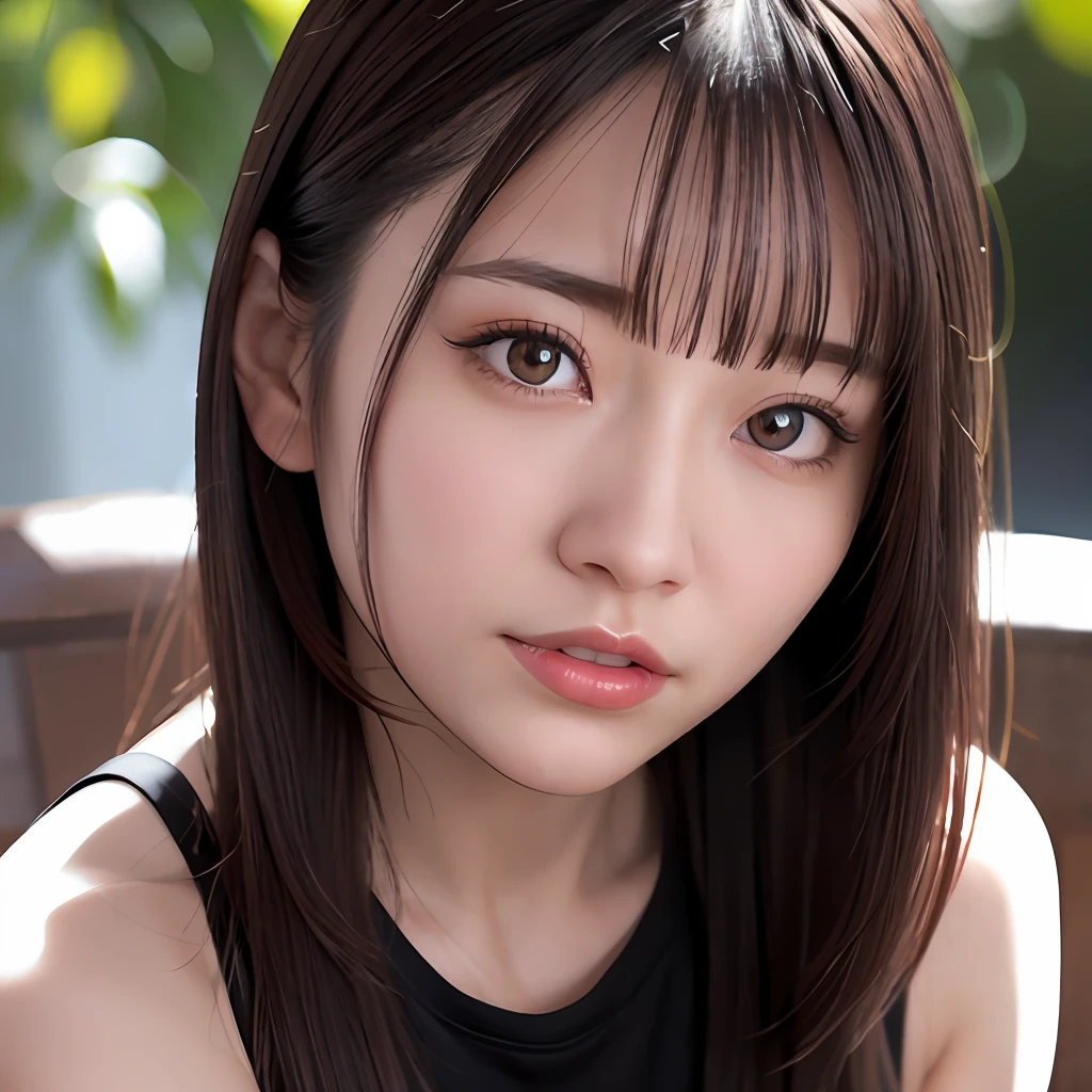 Close-up, (Photorealistic: 1.4), Highest quality, Real, Masterpiece, Ultra delicate beauty, CG, Ultra definition, High resolution, Ultra definition, Depth of field, 1 girl, tifa_lockhart, Beautiful girl detail, Upper body, Real, suspender_skirt, tank_top, taut_shirt, black_hair, long_hair, beautiful detailed red eyes, light on face, saika1