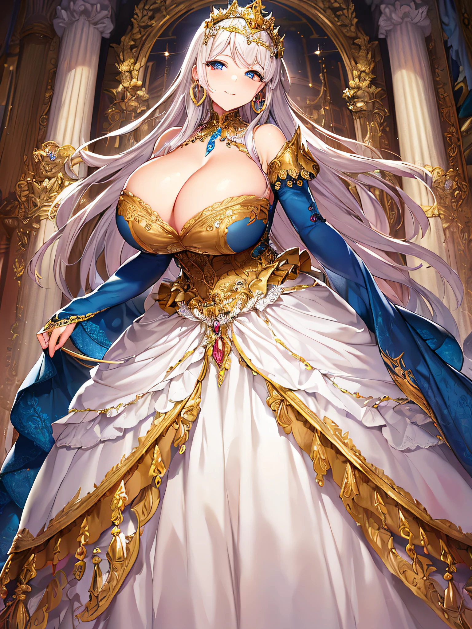 ((anime artstyle)),(Masterpiece),(Best Quality), (Super Detail),((Very Delicate and Beautiful)),((Solo)),(full body),(((1 bling-bling princess in beautiful embroidery and jeweled gorgeous rococo ball gown dress with full length hoop skirt))),((bling-bling)),Long train,(bling-bling gorgeous gemstone jewelry),detailed face and eyes,jewel-like eyes,(seductive smile),((extremely voluminous Very Long Hair,Straight Hair)),((gigantic tits,Long tits)),cleavage,(gorgeousfull embroidery and lace),gorgeous corsage,See-through,extremely gorgeousfull hair ornament,bling-bling extremely gorgeousfull jeweled tiara,ornate ruffles,(hoop skirt,crinoline),((Dynamic Angle)),Looking at viewer,((beautiful embroidery and jeweled extremely gorgeous rococo ball gown dress with full length hoop skirt))