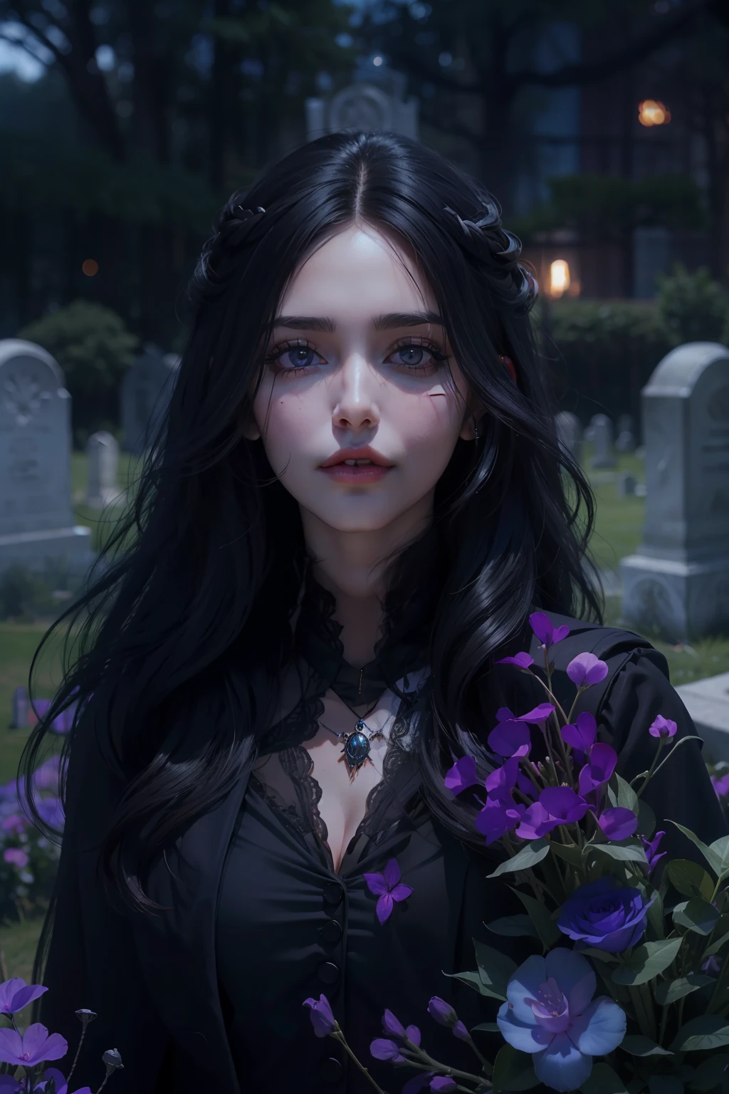 Beautiful woman reminiscent of Yennefer from The Witcher with long black hair and violet eyes bright as constellations, obra prima, ultra qualidade, 8k, cabelos caindo sobre seus ombros, in the background a cemetery, She's wearing a black suit and tie...