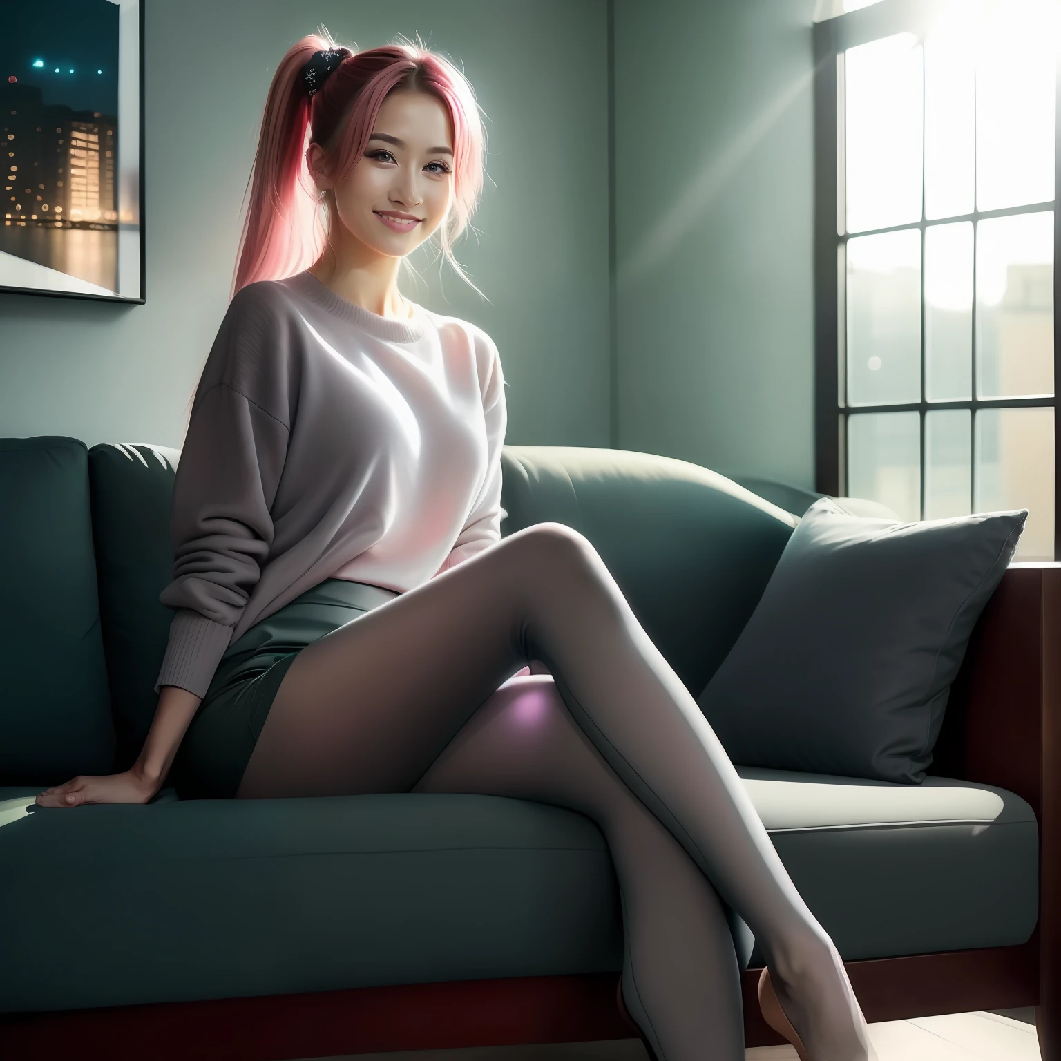 Full body view, feet in view, no shoes, night scene, sexy girl, posing, look at a camera and smile, pink ponytail hair, (green eyes:0.8), cute young face, shiny pantyhose, short skirt, sweater, no shoes, 18 yo, soft volumetric lights, (backlit:1.3), (cinematic:1.3), intricate details, (ArtStation:1.2), no shoes, living room, relaxing on couch, huge windows, great lighting