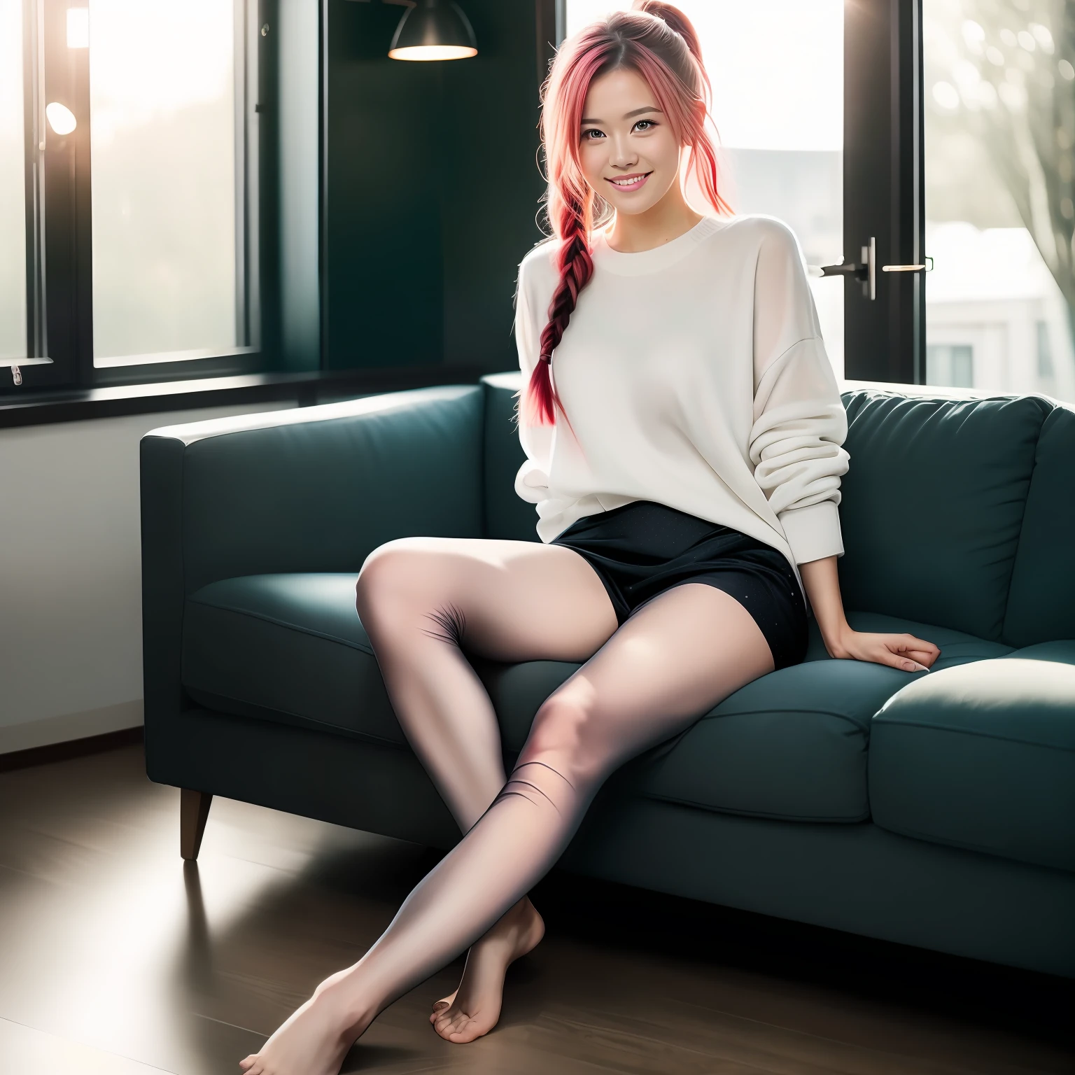 Full body view, feet in view, no shoes, night scene, sexy girl, posing, look at a camera and smile, pink ponytail hair, (green eyes:0.8), cute young face, shiny pantyhose, short skirt, sweater, no shoes, 18 yo, soft volumetric lights, (backlit:1.3), (cinematic:1.3), intricate details, (ArtStation:1.2), no shoes, living room, relaxing on couch, huge windows, great lighting