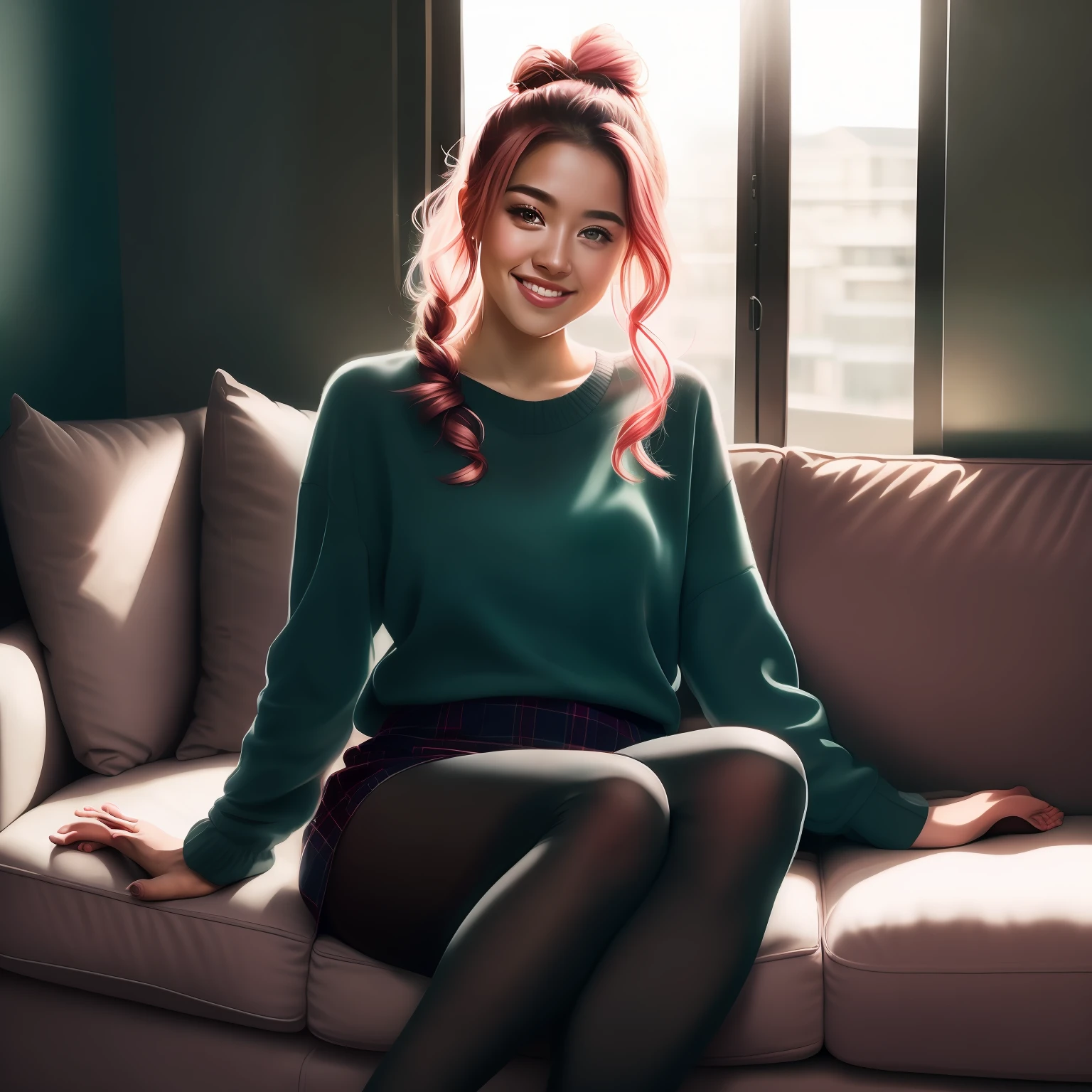 Full body view, feet in view, no shoes, night scene, sexy girl, posing, look at a camera and smile, pink ponytail hair, (green eyes:0.8), cute young face, shiny pantyhose, short skirt, sweater, no shoes, 18 yo, soft volumetric lights, (backlit:1.3), (cinematic:1.3), intricate details, (ArtStation:1.2), no shoes, living room, relaxing on couch, huge windows, great lighting