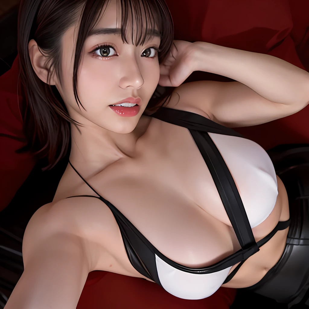 Close-up, (Photorealistic: 1.4), Highest quality, Real, Masterpiece, Ultra delicate beauty, CG, Ultra definition, High resolution, Ultra definition, Depth of field, 1 girl, tifa_lockhart, Beautiful girl detail, Upper body, Real, suspender_skirt, tank_top, taut_shirt, black_hair, long_hair, beautiful detailed red eyes, light on face, saika1