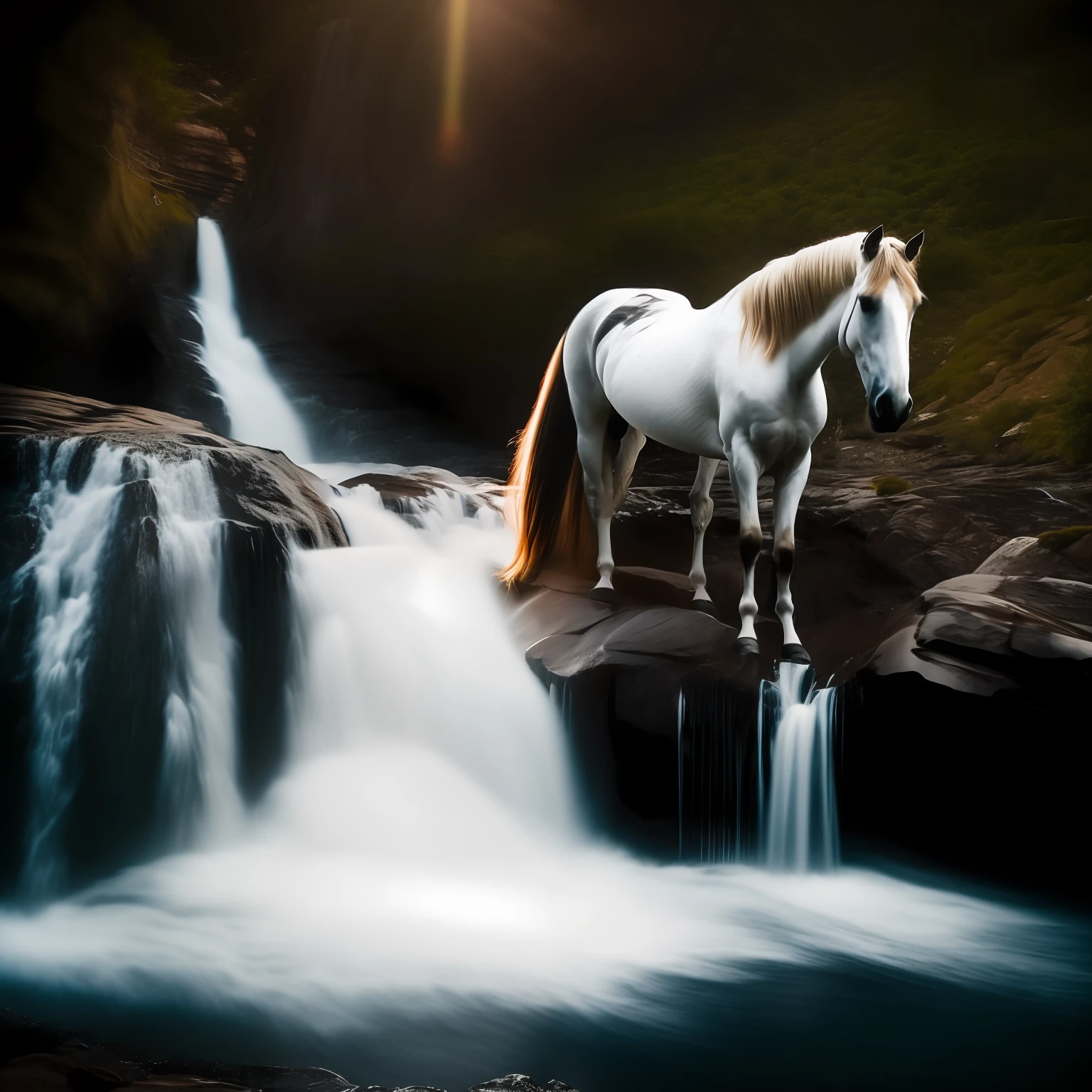 Split lighting shot of horse on waterfall hikes, fotorrealista, cinematography lighting, volumetric illumination, atmosfera oscura