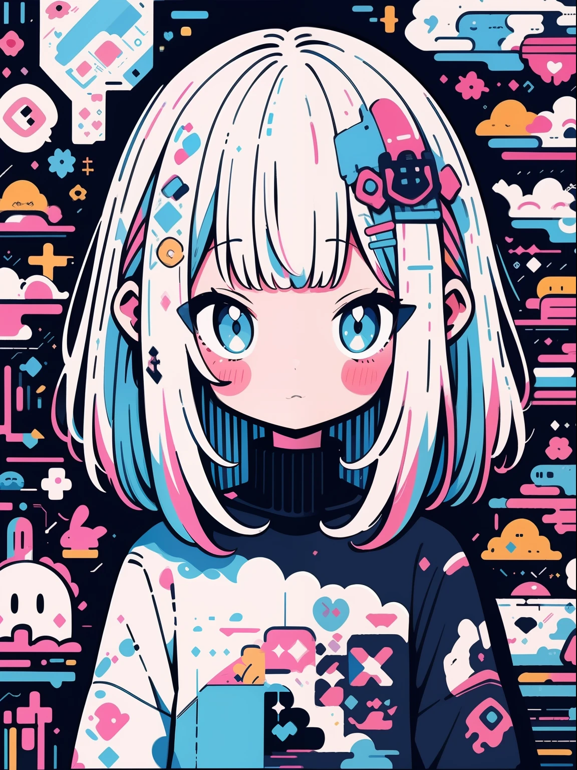 hightquality、Colorful color palette、high-level image quality、Kawaii Girl、Unprecedented amount of drawing、anime styled、Geometric pattern background、front facing、sticker style