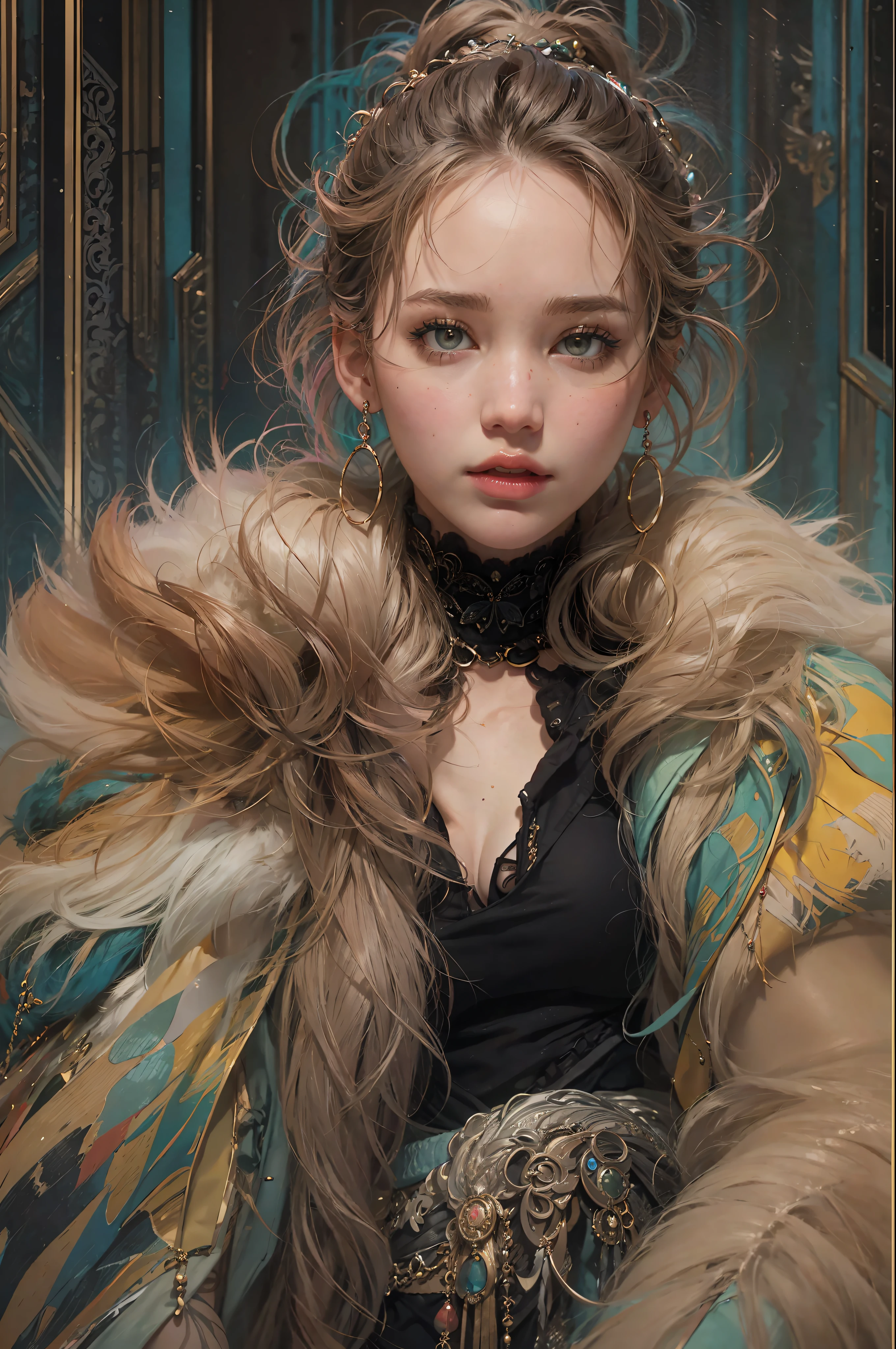 1girl, waist up, art by Ian Davenport,art by Cecily Brown,  concept art, Portait of a Moody [shu qi:Jennifer Lawrence:5], wearing Eclectic Fur Fringe top, Ruff, Anklet, Makeup, Cosy, loop lighting, 80mm, official art, unity 8k wallpaper, ultra detailed, aesthetic, masterpiece, best quality, photorealistic