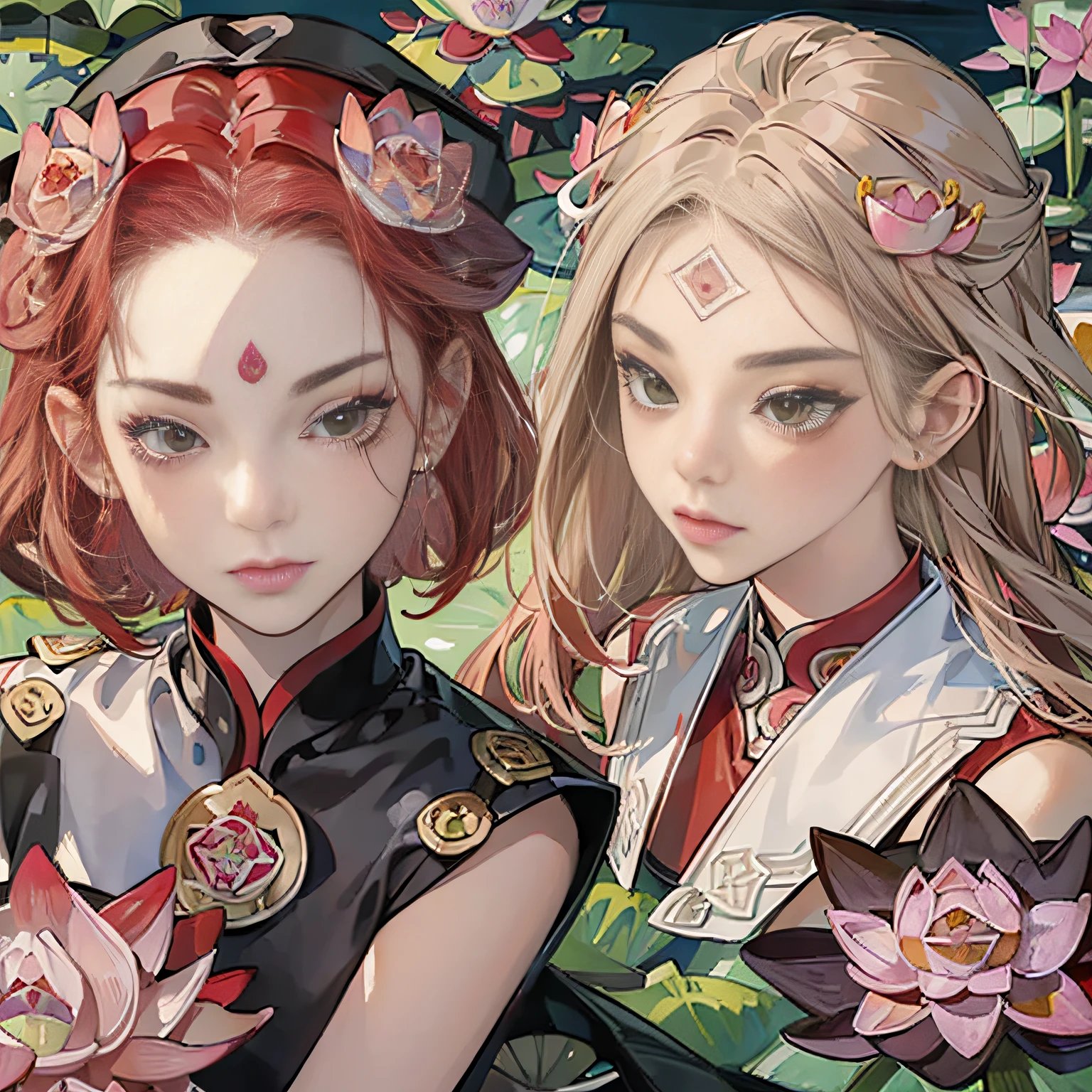 (masterpiece, best quality, beautiful art:1.4) of a (red lotus flower:1.6), bright red color, beautiful symmetry, 1girl, perfect face, very detailed, highly realistic, 8k, ultra intricate, trending on artstation, trending on pixiv