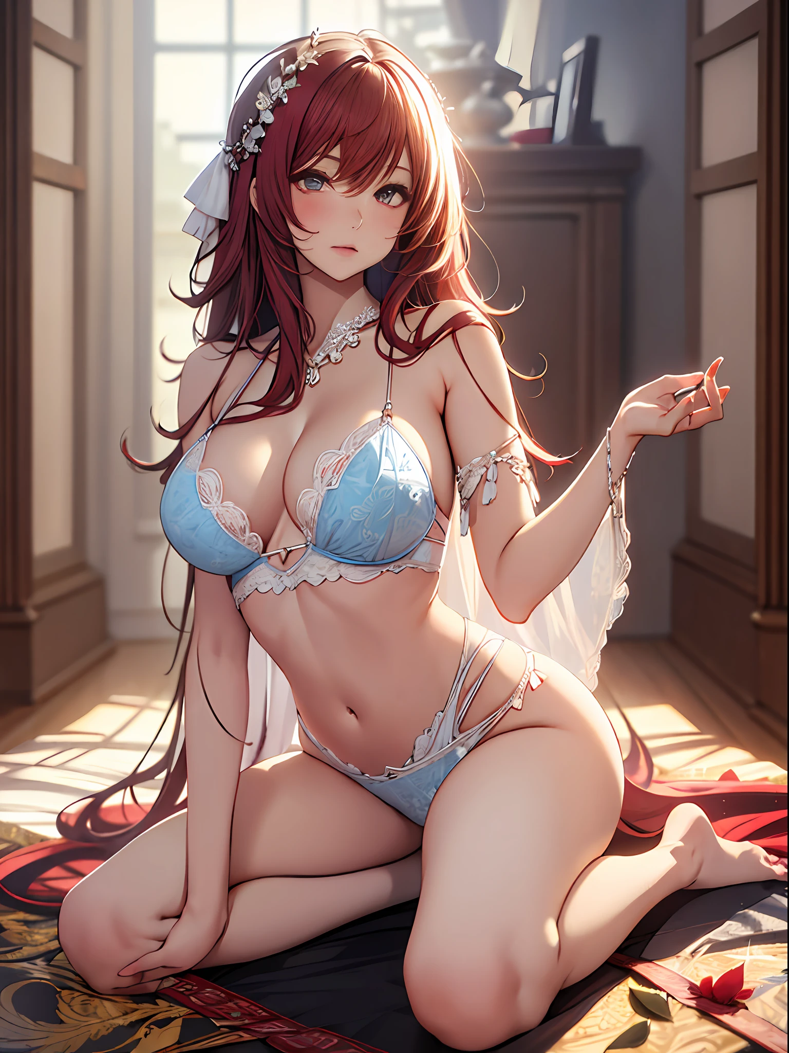 (Enrich the picture,Masterpiece level quality)Beautiful 8K CG artwork,Goddess-like posture,Kneeling exercise,Slim and soft,Translucent skin,Red hair、The aesthetic look of an extra-long model, Messy hair,The skin is fair and juicy,Big JK Uniform,Perspective Part 1.2x enhanced silhouette effect,Exquisite transparent blues pattern in pajamas,The details are intricate and exquisite,The background is slightly blurred,Charming and lustful leg seduction,Drool,H-cup oversized big breasts,Blush,