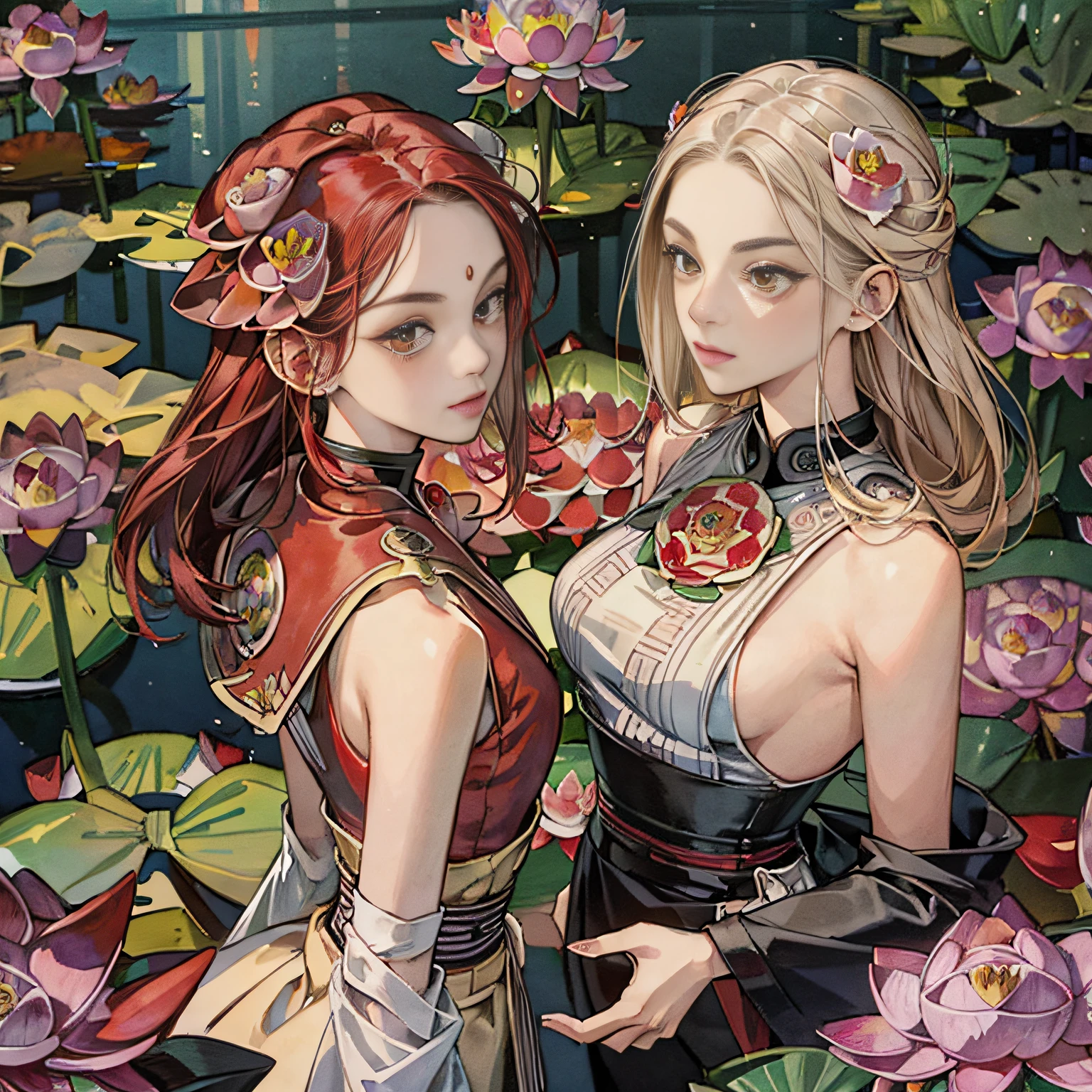 (masterpiece, best quality, beautiful art:1.4) of a (red lotus flower:1.6), bright red color, beautiful symmetry, 1girl, very detailed, highly realistic, 8k, ultra intricate, trending on artstation, trending on pixiv