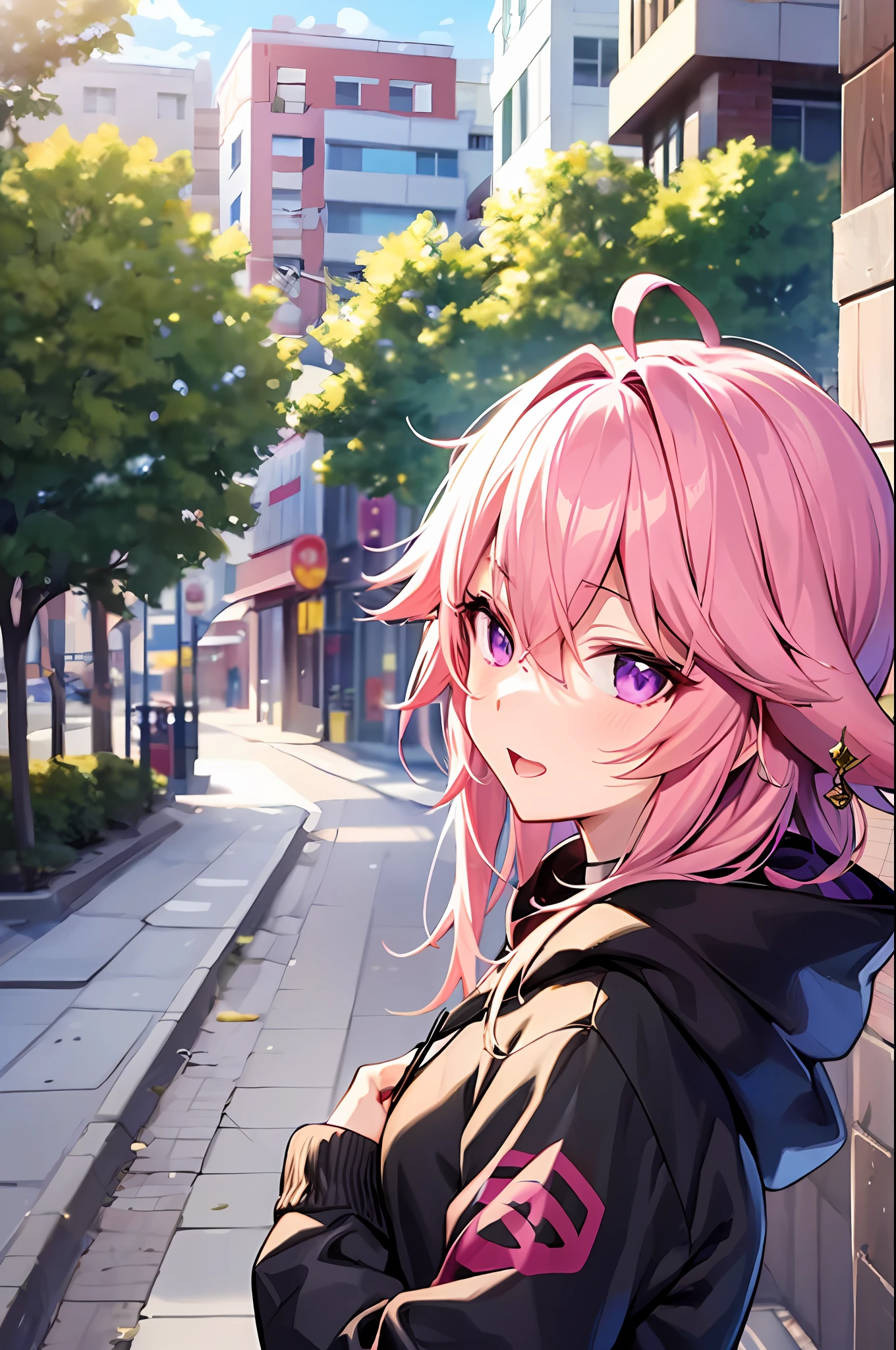 Yae miko pink hair and purple eyes in a black hoodie, anime visual of a cute girl, screenshot from the anime film, & her expression is solemn, ahegao face, in the anime film, in an anime, anime visual of a young woman, she has a cute expressive face, still from anime