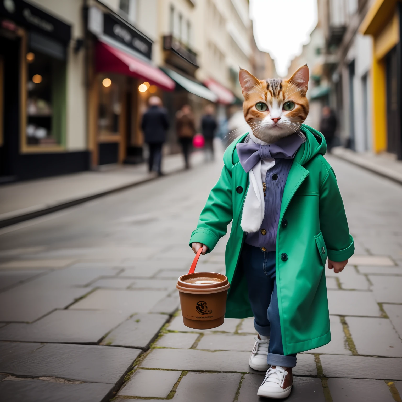 The smallest cat ， a super mini kitten , The cat is wearing a green coat. The cat is walking down the street drinking coffee
 costume , anthropomorphic , photo real . classic composition , masterpiece , exquisite , color correction , amazing visual effects , crazy details , intricate details , sharp focus , HD ,8k,-- ar 3:4-- q 2-- v 5.1