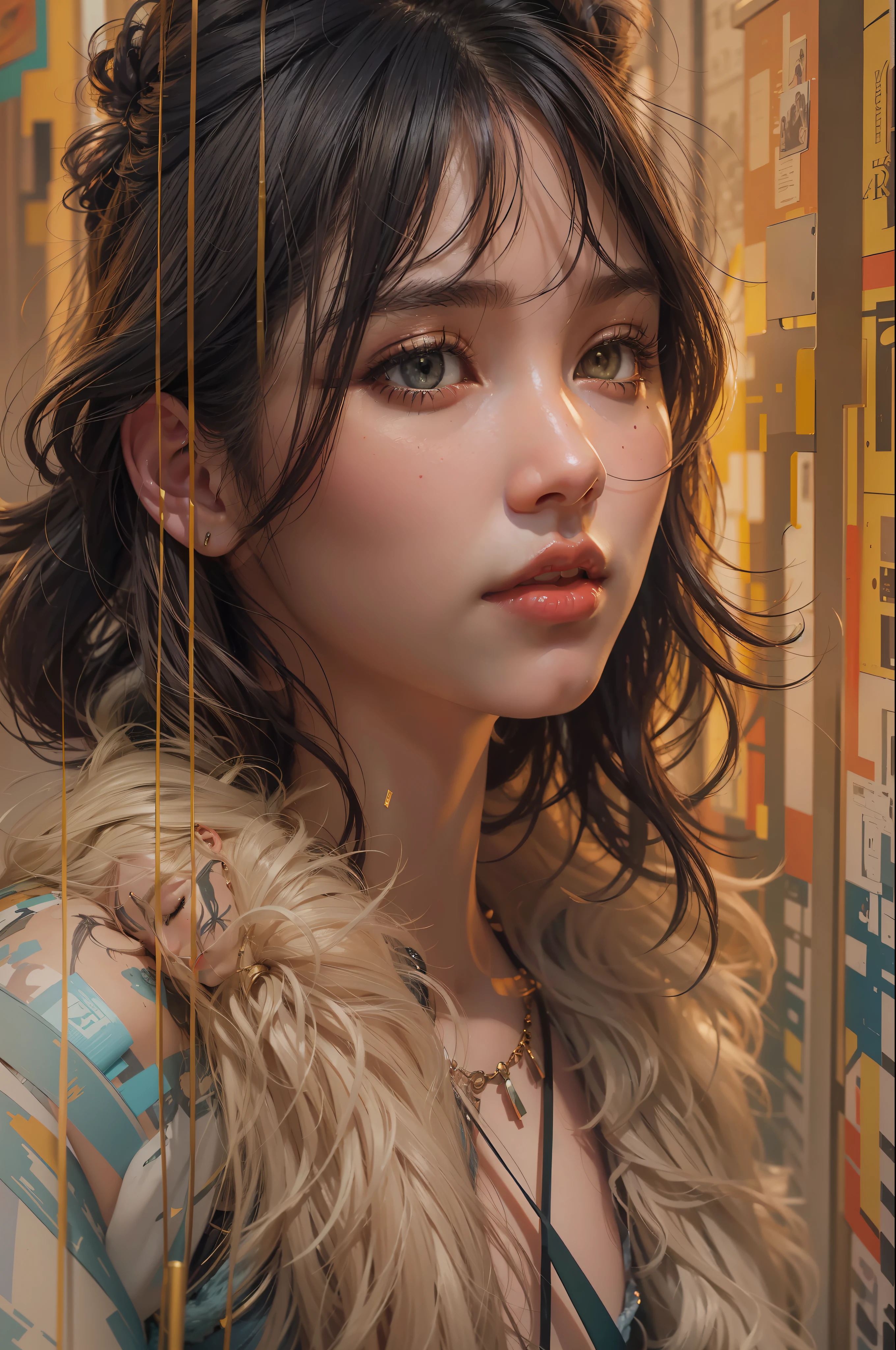 1girl, waist up, art by Ian Davenport,art by Cecily Brown,  concept art, Portait of a Moody [shu qi:Jennifer Lawrence:5], wearing Eclectic Fur Fringe top, Ruff, Anklet, Makeup, Cosy, loop lighting, 80mm, official art, unity 8k wallpaper, ultra detailed, aesthetic, masterpiece, best quality, photorealistic