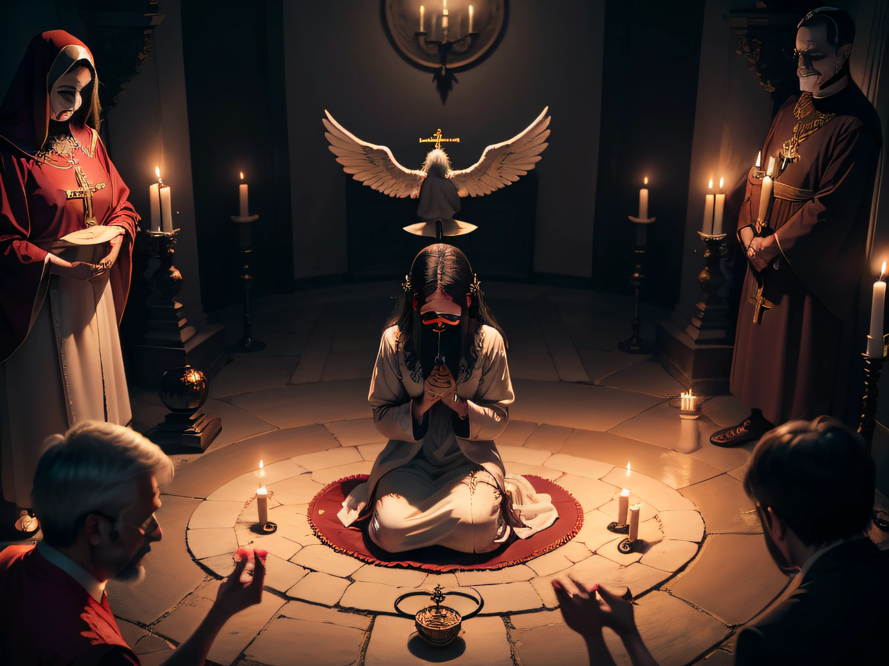 exorcism ritual with several people, uma possuida, realista, diabo, anjo juntos, e um padre catolico, with holy water.