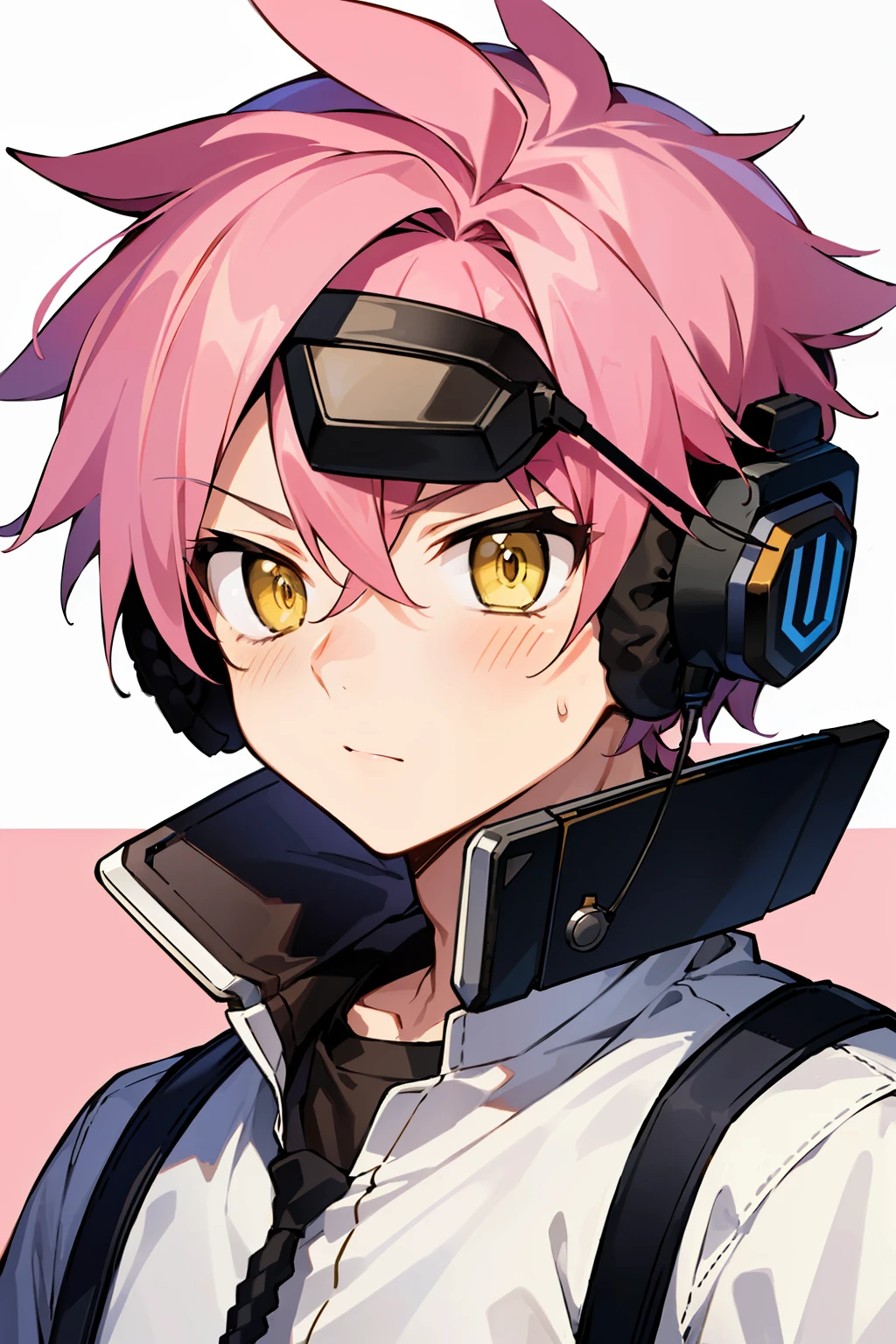 masterpiece, best quality, head-mounted display, close-up, scared, short hair, pink hair,1 boy, spiky hair, yellow eyes, headphone