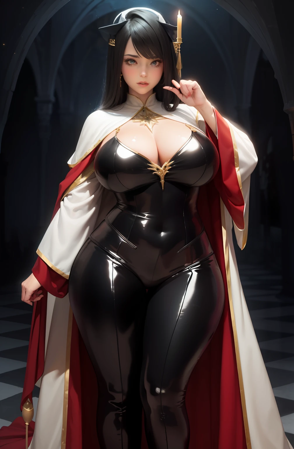 high priestess,Robe,a matural female,voluptuous figure,tightsuit,The background is eerie and gorgeous