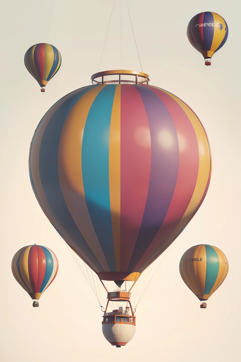 A brightly coloured hot air balloon, fully anatomical, white background