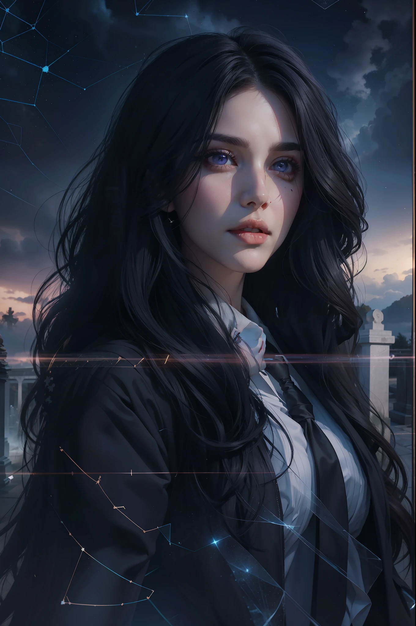 Beautiful woman reminiscent of Yennefer from The Witcher with long black hair and violet eyes bright as constellations, obra prima, ultra qualidade, 8k, cabelos caindo sobre seus ombros, in the background a cemetery, She's wearing a black suit and tie...