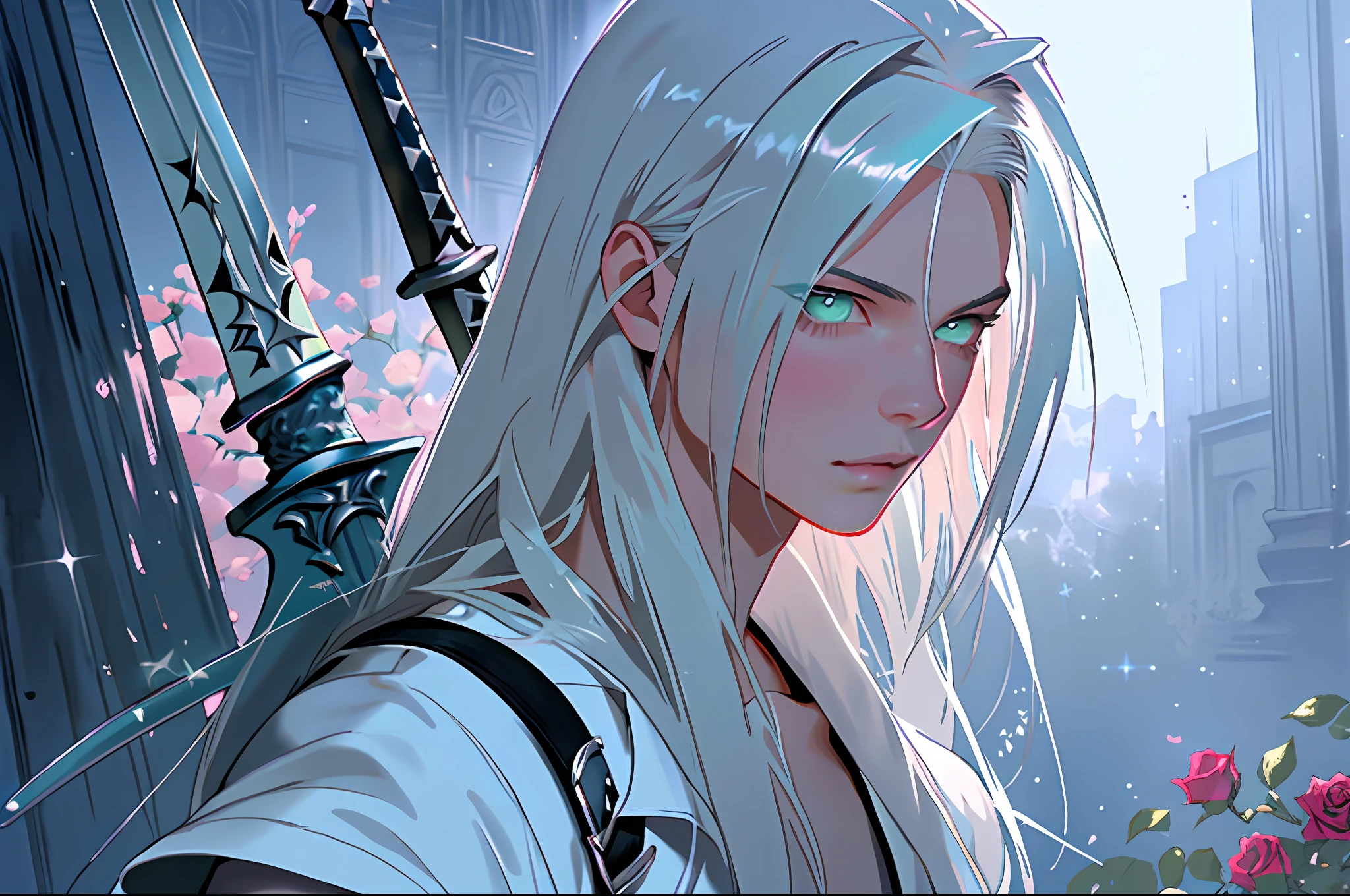 masterpiece, highest quality, (perfect face:1.1), (high detail:1.1), (((sephiroth))), (final fantasy), angel with voluminous white hair, soft hair, neon green eyes, solo ,1guy, young boy, 12 years old, long hair, black elegant suit, shoulder-length hair, Rose Garden detailed background, realistic, covered navel, pouty lips, curvy guy, perfectly drawn face, cynical stare, cinematic lighting, balenciaga, glitter