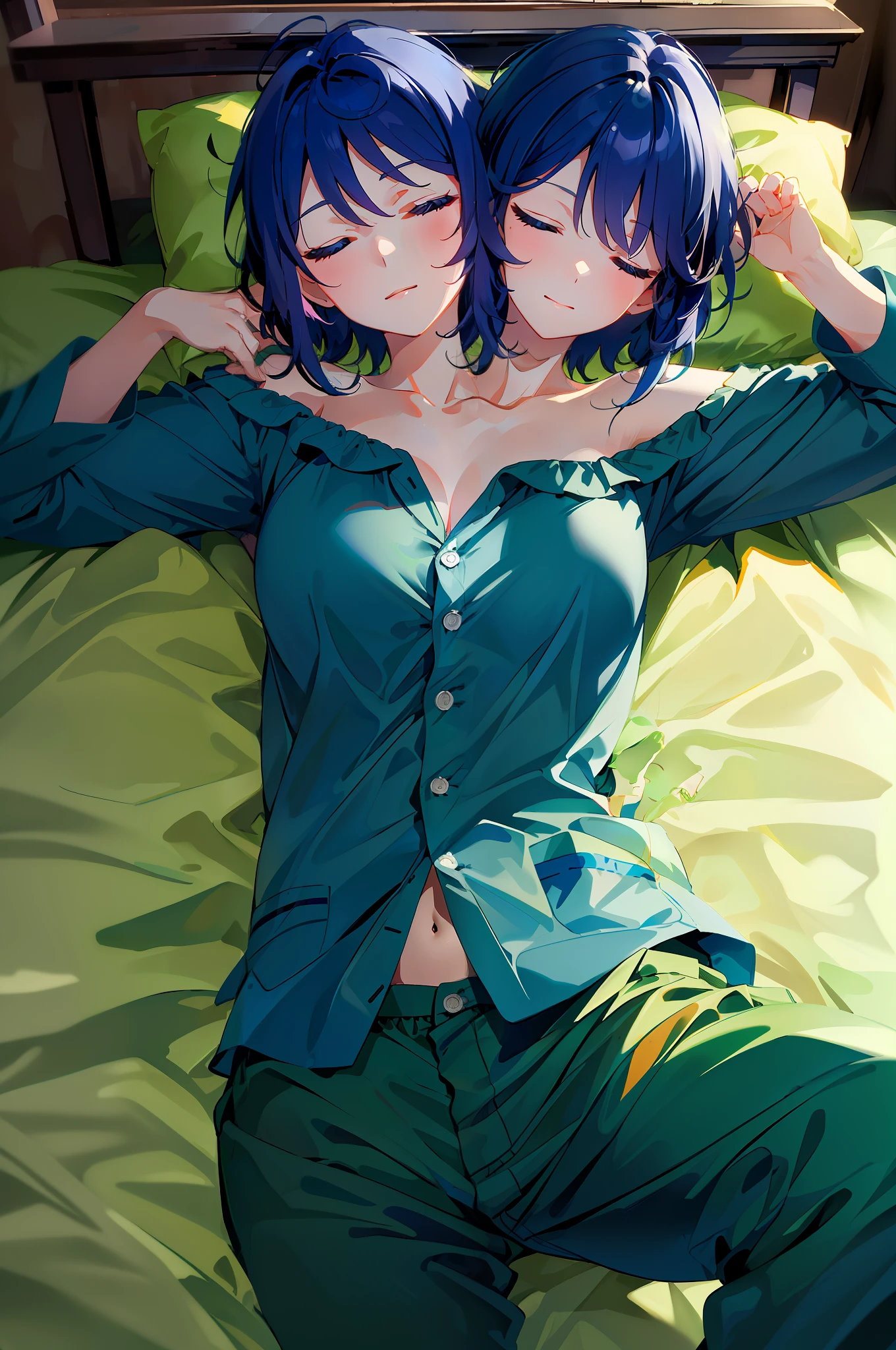 (masterpiece, best quality), best resolution, (2heads:1.5), 1girl, sleeping on a bed, dark blue hair, short hair, shoulder length hair, eyes closed, green pajama shirt, blue pajama pants, dark, night