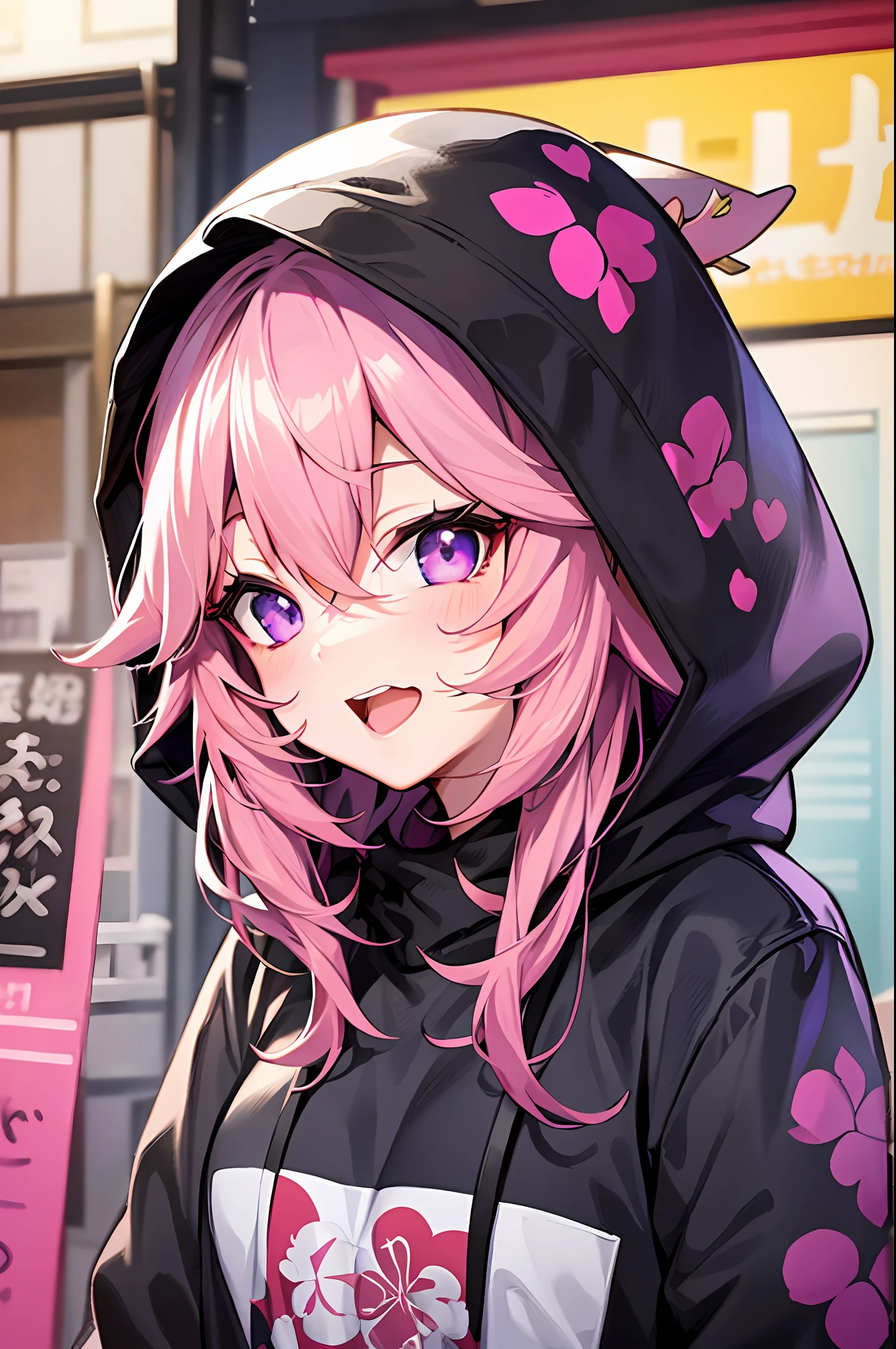 Yae miko  pink hair and purple eyes in a black hoodie, anime visual of a cute girl, screenshot from the anime film, & her expression is solemn, ahegao face, in the anime film, in an anime, anime visual of a young woman, she has a cute expressive face, still from anime
